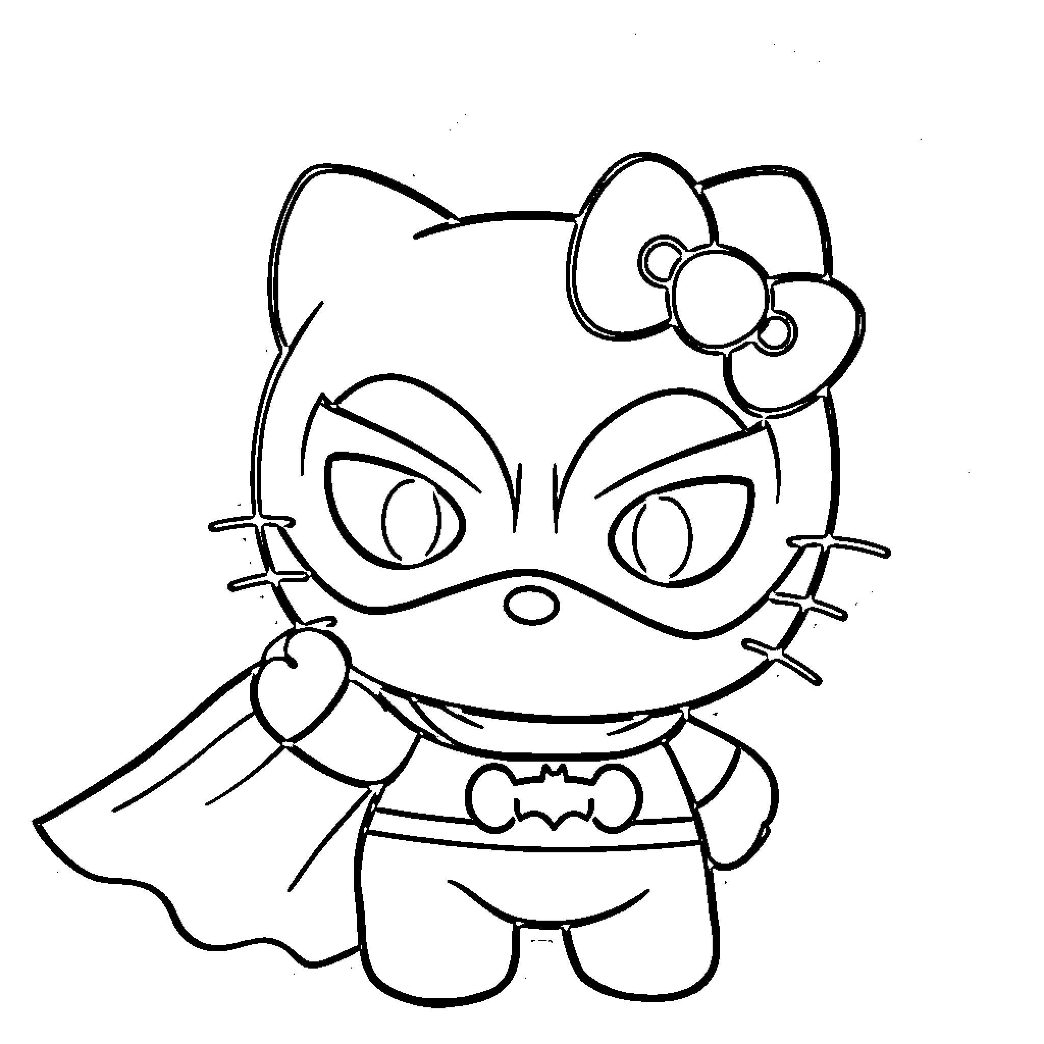 Hello Kitty as a Superhero Coloring Page (free black-and-white line drawing printable PDF for all, from beginners to advanced learners, including children, teens, adults, and seniors)