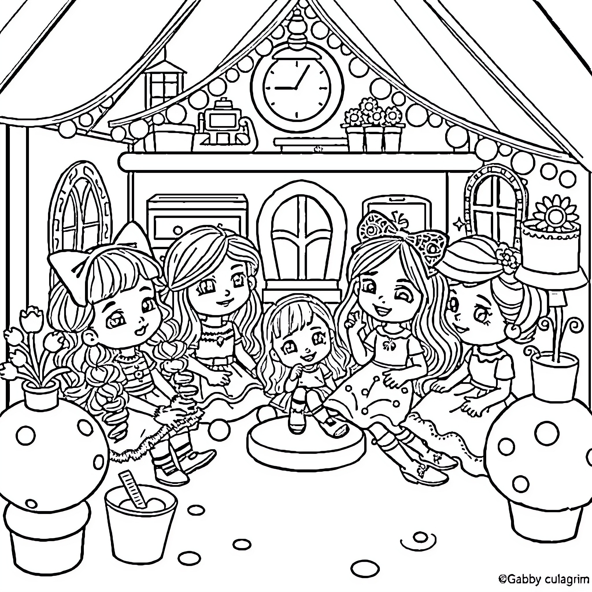 Gabby's Dollhouse: Girls Celebrating and Playing Together Coloring Page (free black-and-white line drawing printable PDF for all, from beginners to advanced learners, including children, teens, adults, and seniors)