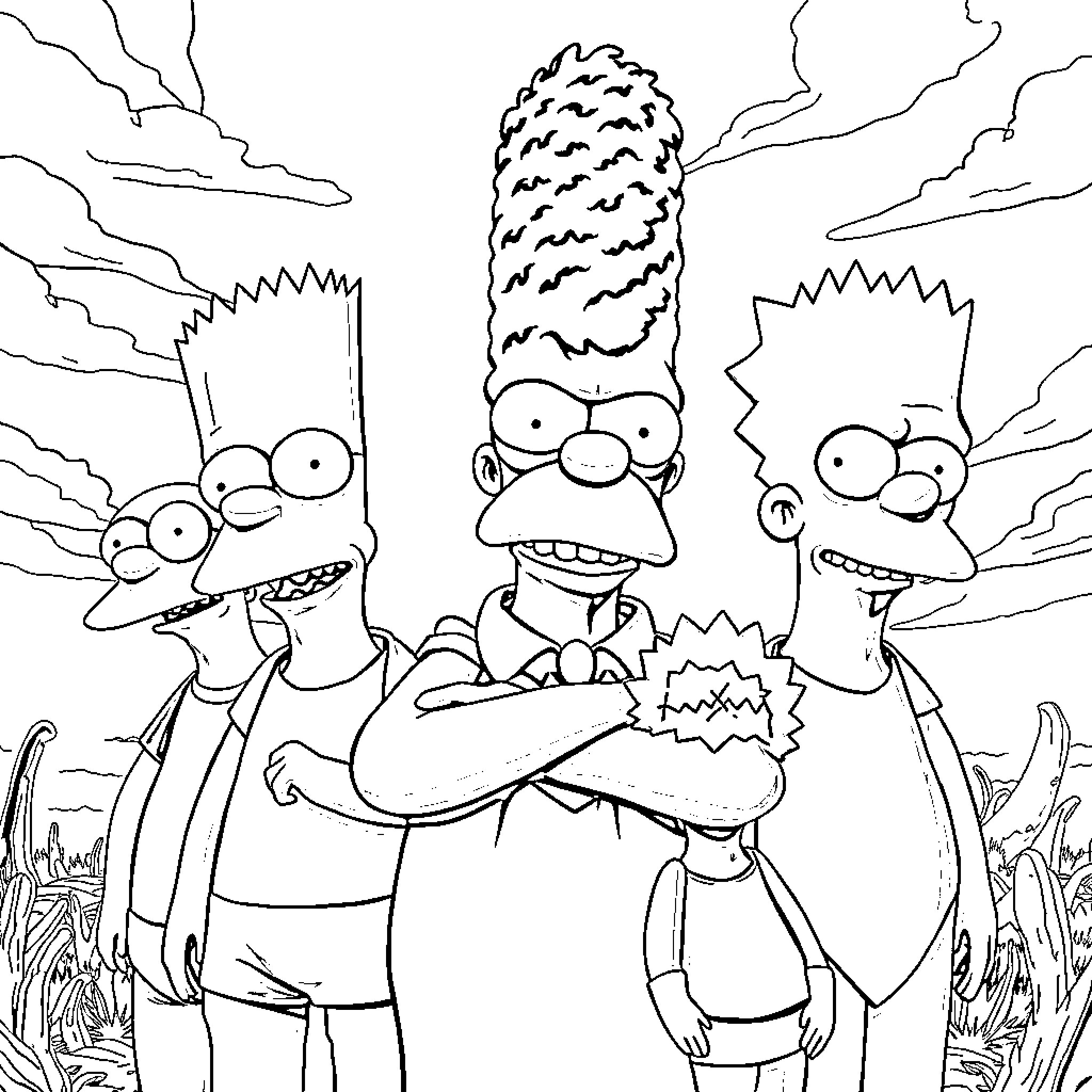 Simpsons family in a silly pose Coloring Page (free black-and-white line drawing printable PDF for all, from beginners to advanced learners, including children, teens, adults, and seniors)