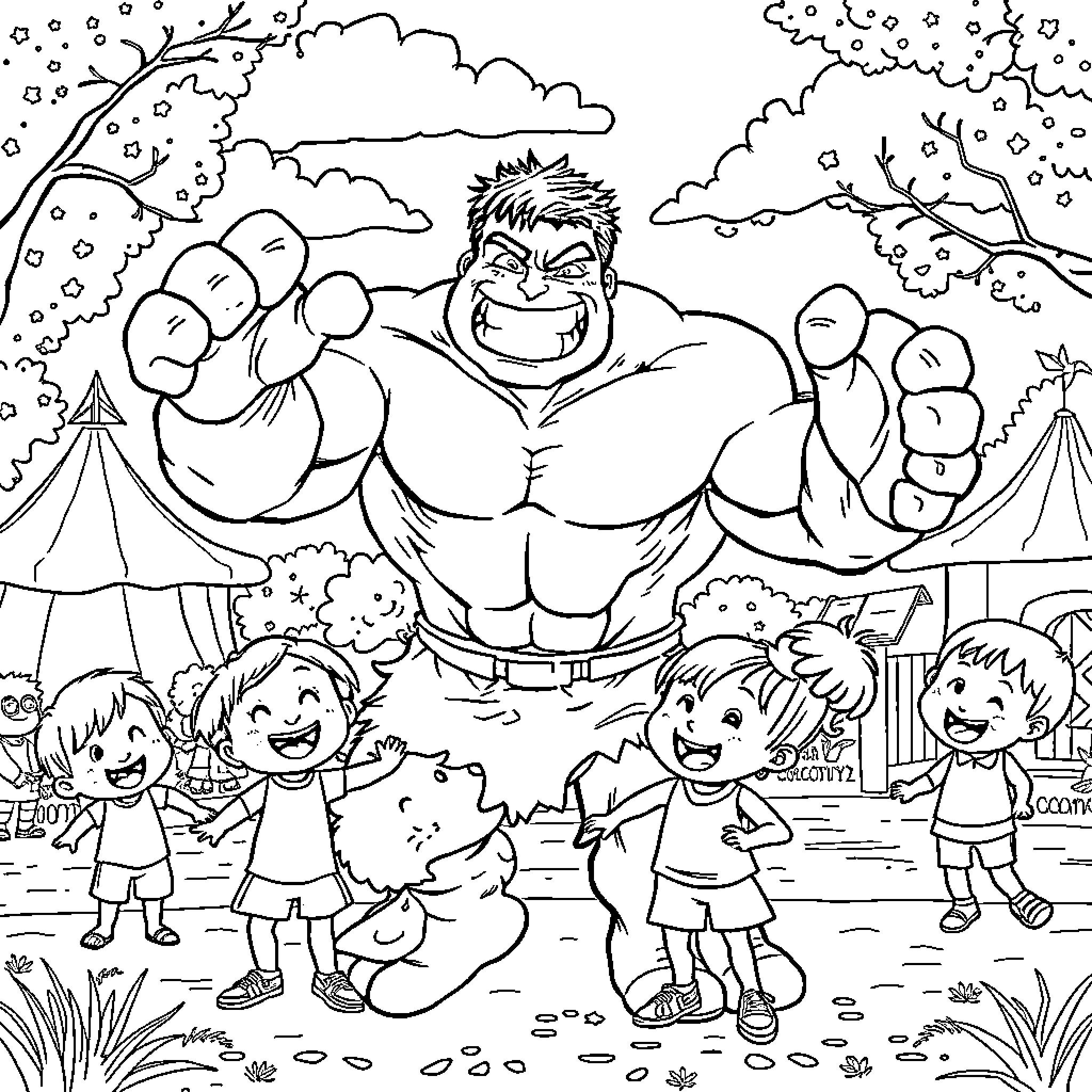 Hulk Smashing and Entertaining Children at Outdoor Carnival Coloring Page (free black-and-white line drawing printable PDF for all, from beginners to advanced learners, including children, teens, adults, and seniors)