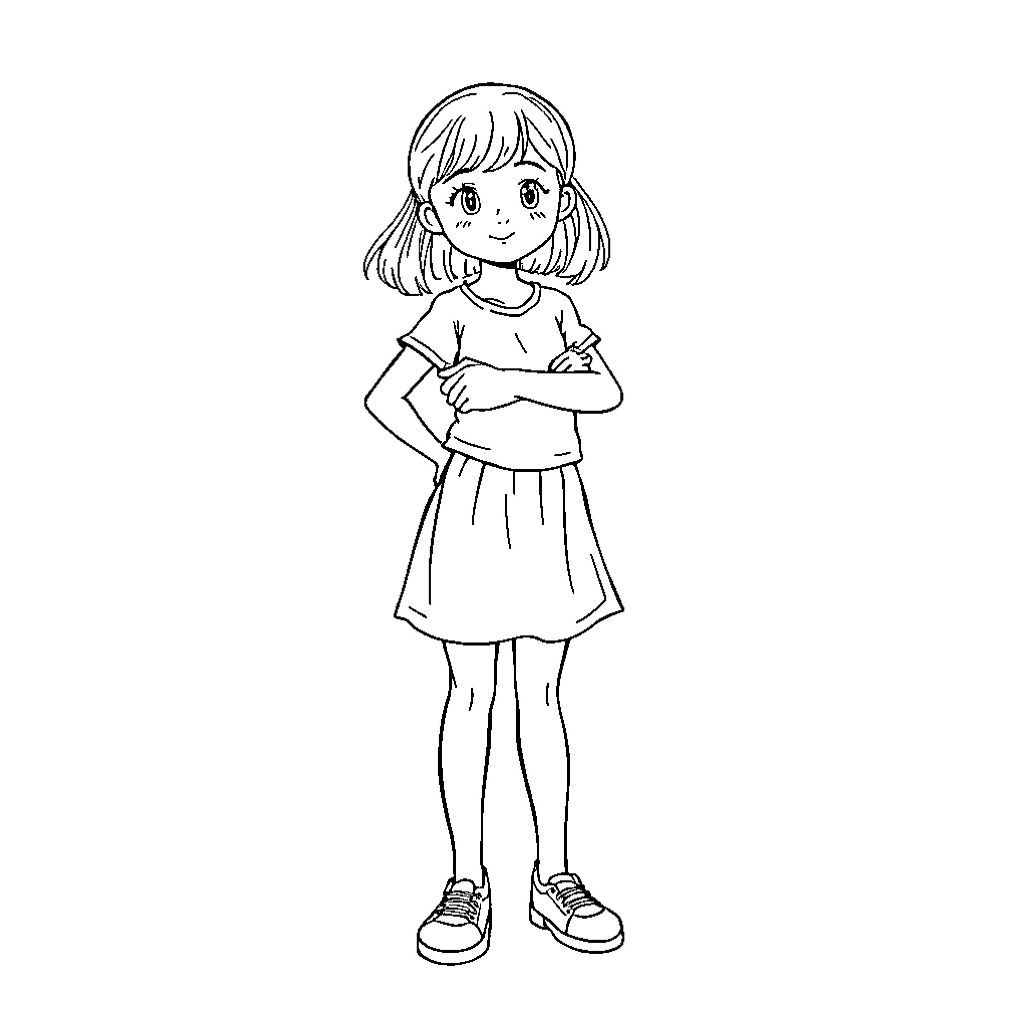 Girl standing with arms crossed and confident expression Coloring Page (free black-and-white line drawing printable PDF for all, from beginners to advanced learners, including children, teens, adults, and seniors)