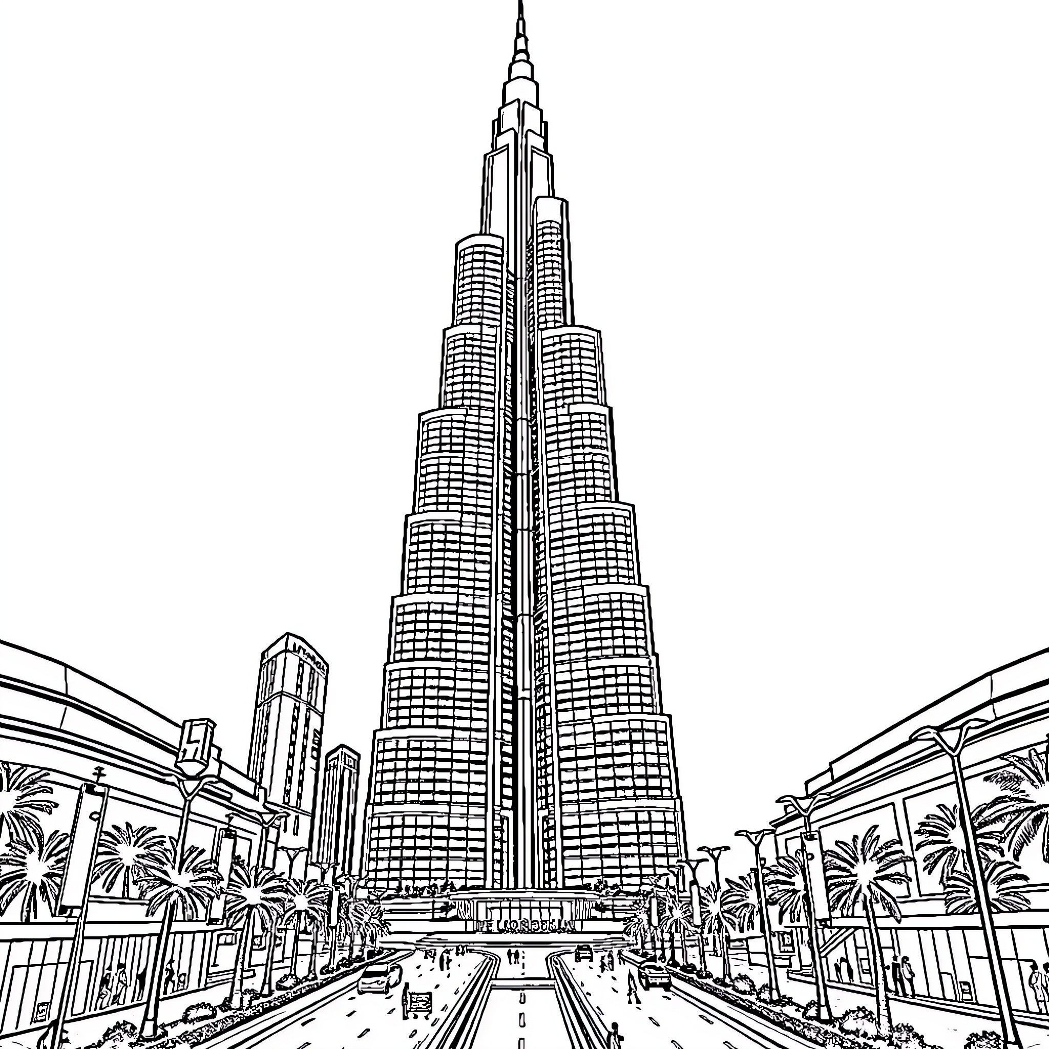 Dubai Monument with Towering Architecture and City Skyline Coloring Page (free black-and-white line drawing printable PDF for all, from beginners to advanced learners, including children, teens, adults, and seniors)