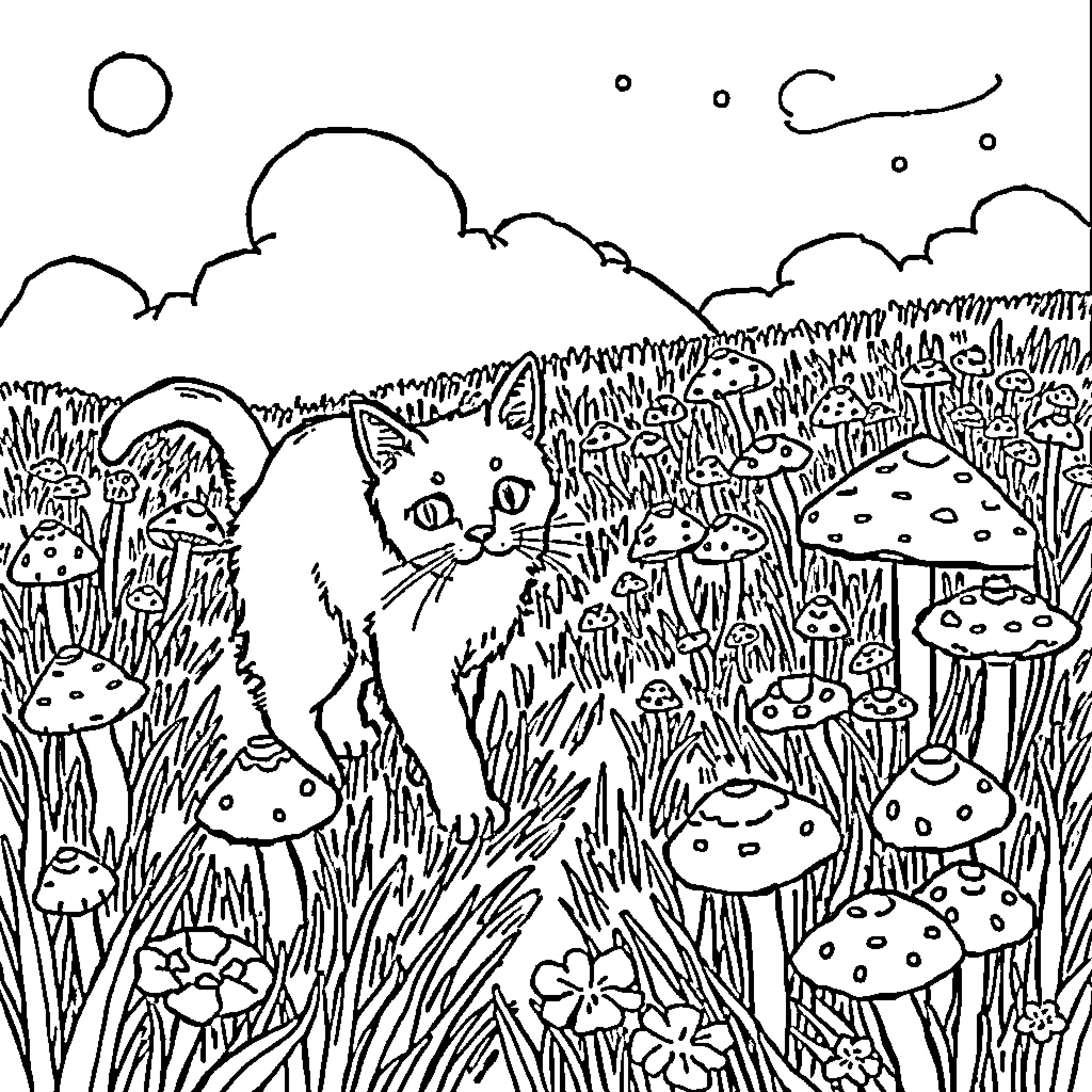 Cat exploring enchanted mushroom forest Coloring Page (free black-and-white line drawing printable PDF for all, from beginners to advanced learners, including children, teens, adults, and seniors)