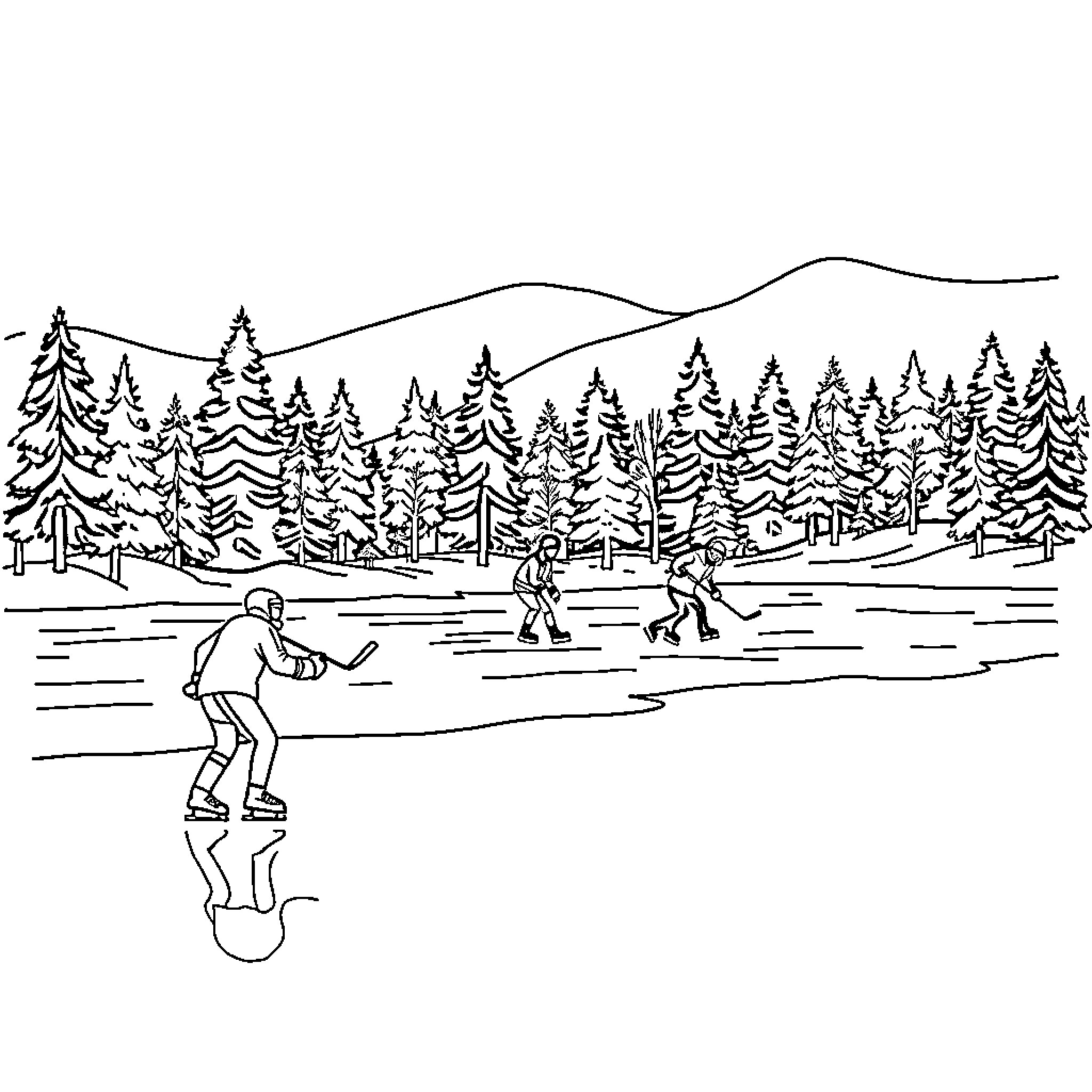 Pond Hockey Players Enjoying Winter Outdoor Fun Coloring Page (free black-and-white line drawing printable PDF for all, from beginners to advanced learners, including children, teens, adults, and seniors)