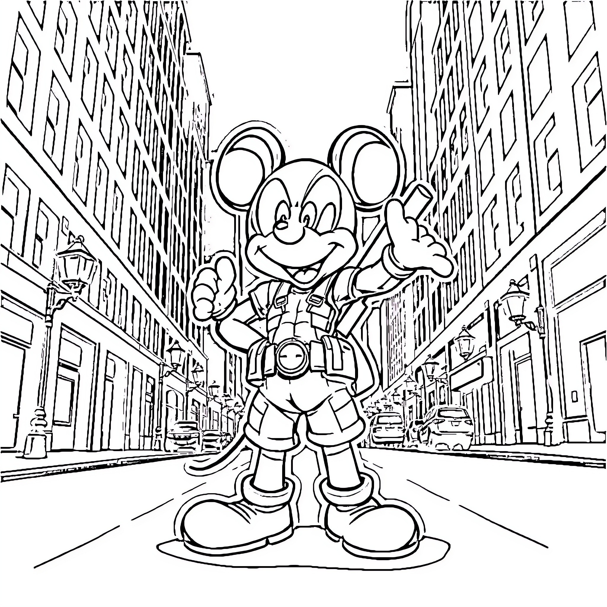Mickey Mouse exploring the city streets Coloring Page (free black-and-white line drawing printable PDF for all, from beginners to advanced learners, including children, teens, adults, and seniors)