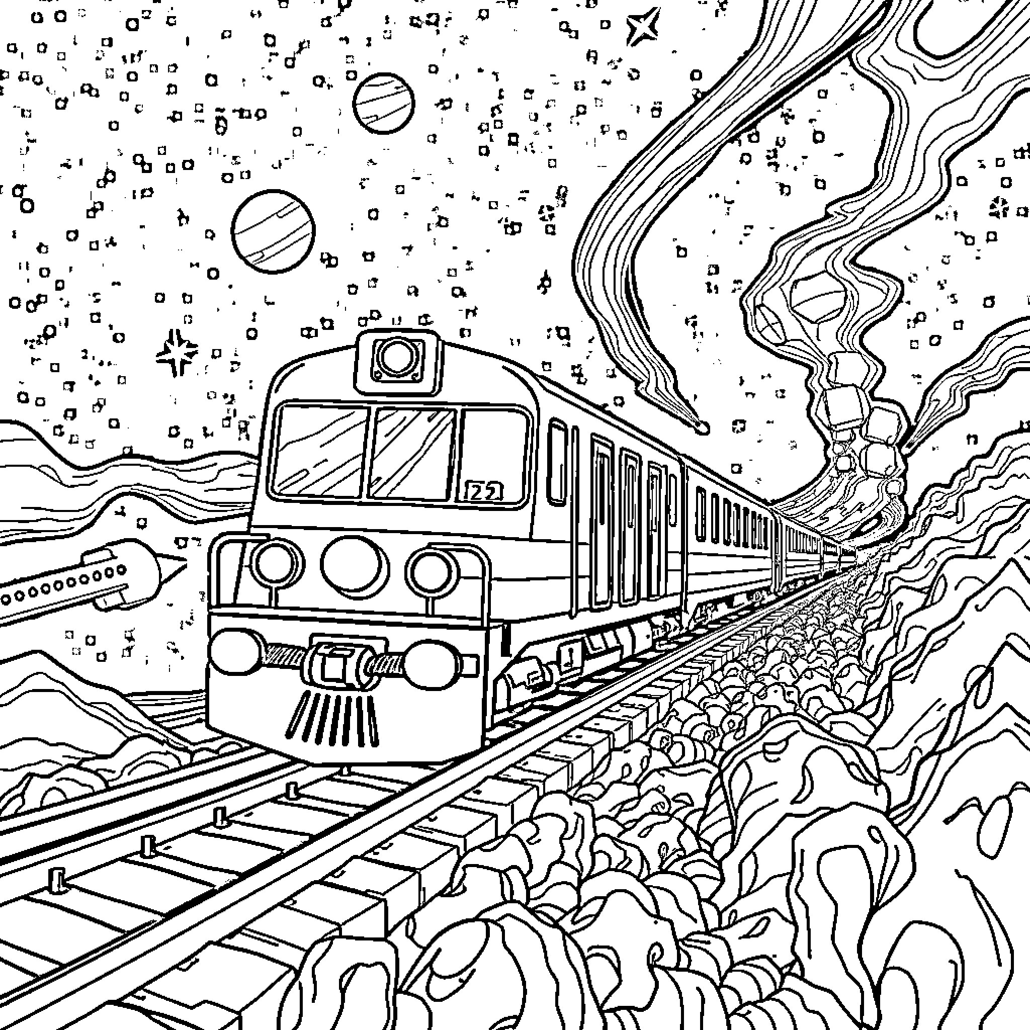 Train traveling through a surreal cosmic landscape Coloring Page (free black-and-white line drawing printable PDF for all, from beginners to advanced learners, including children, teens, adults, and seniors)