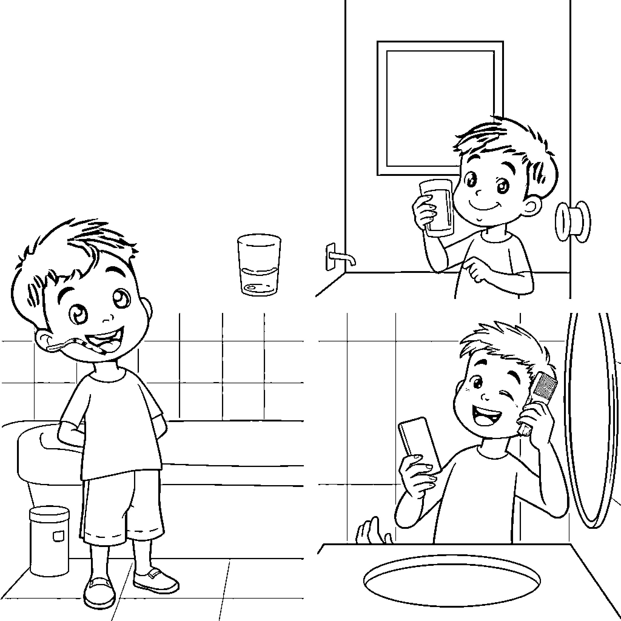 Boy enjoying daily routine activities at home Coloring Page (free black-and-white line drawing printable PDF for all, from beginners to advanced learners, including children, teens, adults, and seniors)