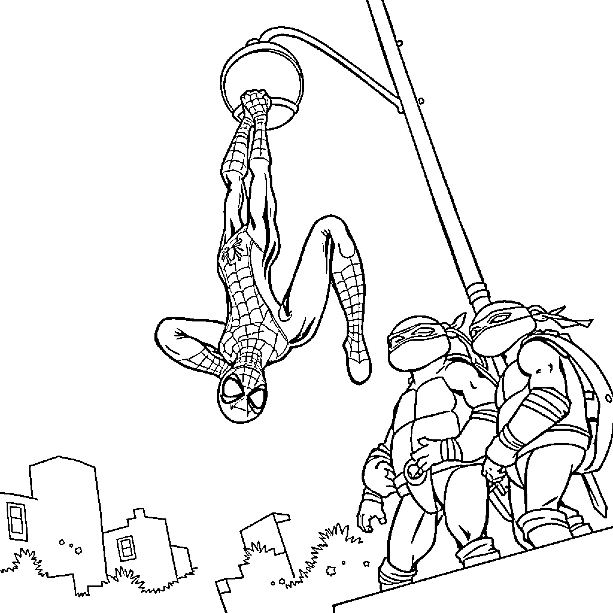 Spiderman swinging between buildings, facing adversaries Coloring Page (free black-and-white line drawing printable PDF for all, from beginners to advanced learners, including children, teens, adults, and seniors)