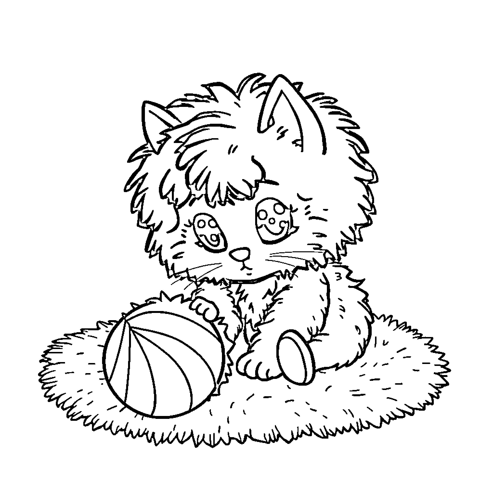 Yarnaby the playful puppy with a ball Coloring Page (free black-and-white line drawing printable PDF for all, from beginners to advanced learners, including children, teens, adults, and seniors)