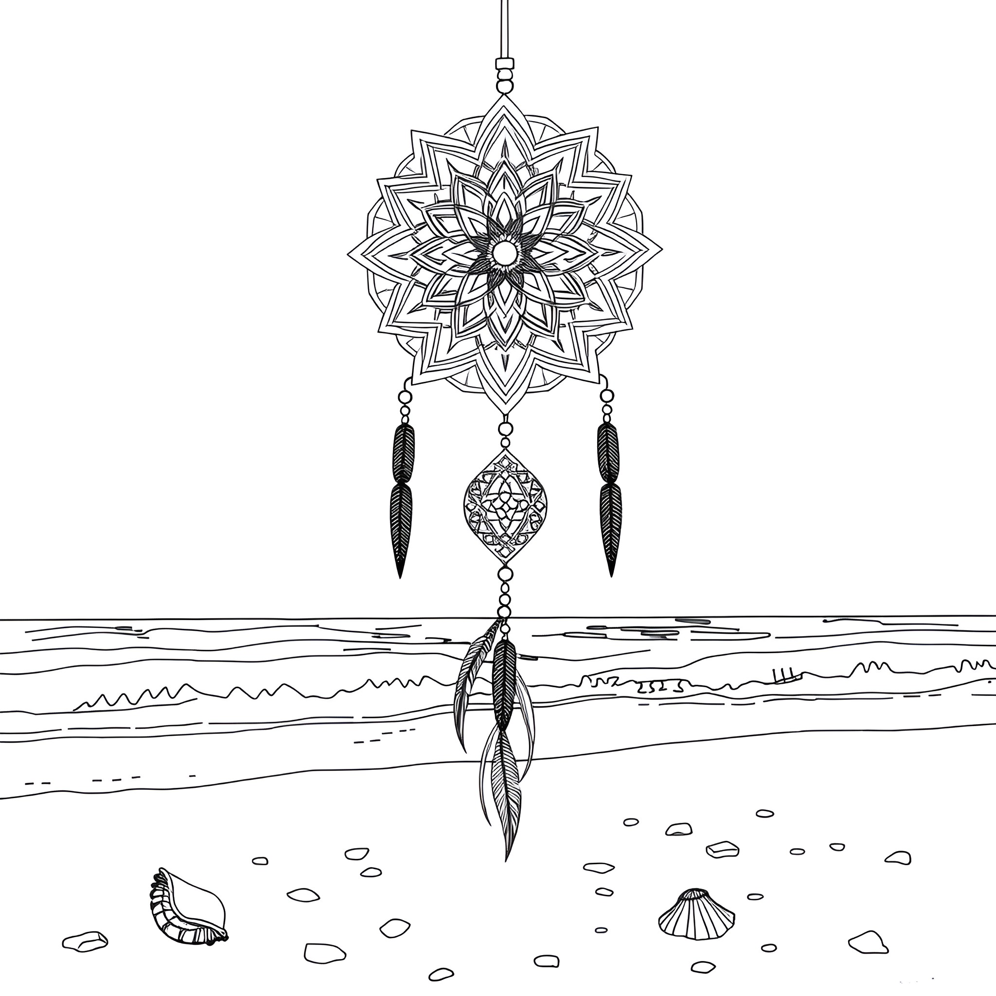 Mandala dream catcher on the beach Coloring Page (free black-and-white line drawing printable PDF for all, from beginners to advanced learners, including children, teens, adults, and seniors)