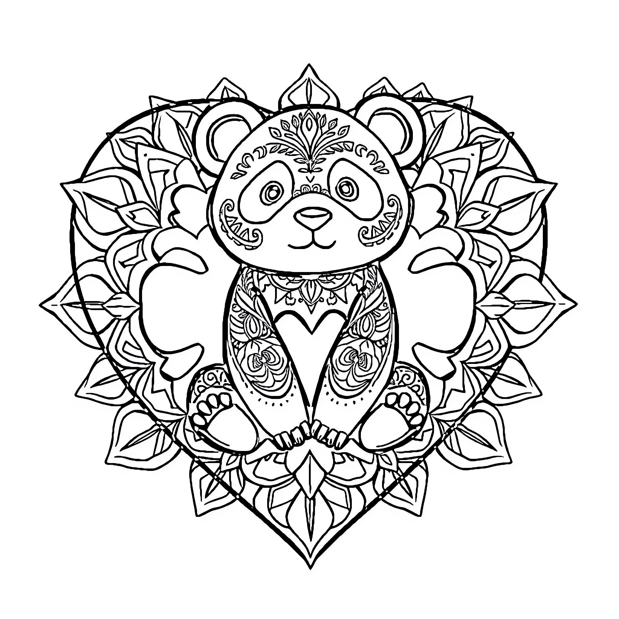 Panda surrounded by intricate floral patterns Coloring Page (free black-and-white line drawing printable PDF for all, from beginners to advanced learners, including children, teens, adults, and seniors)