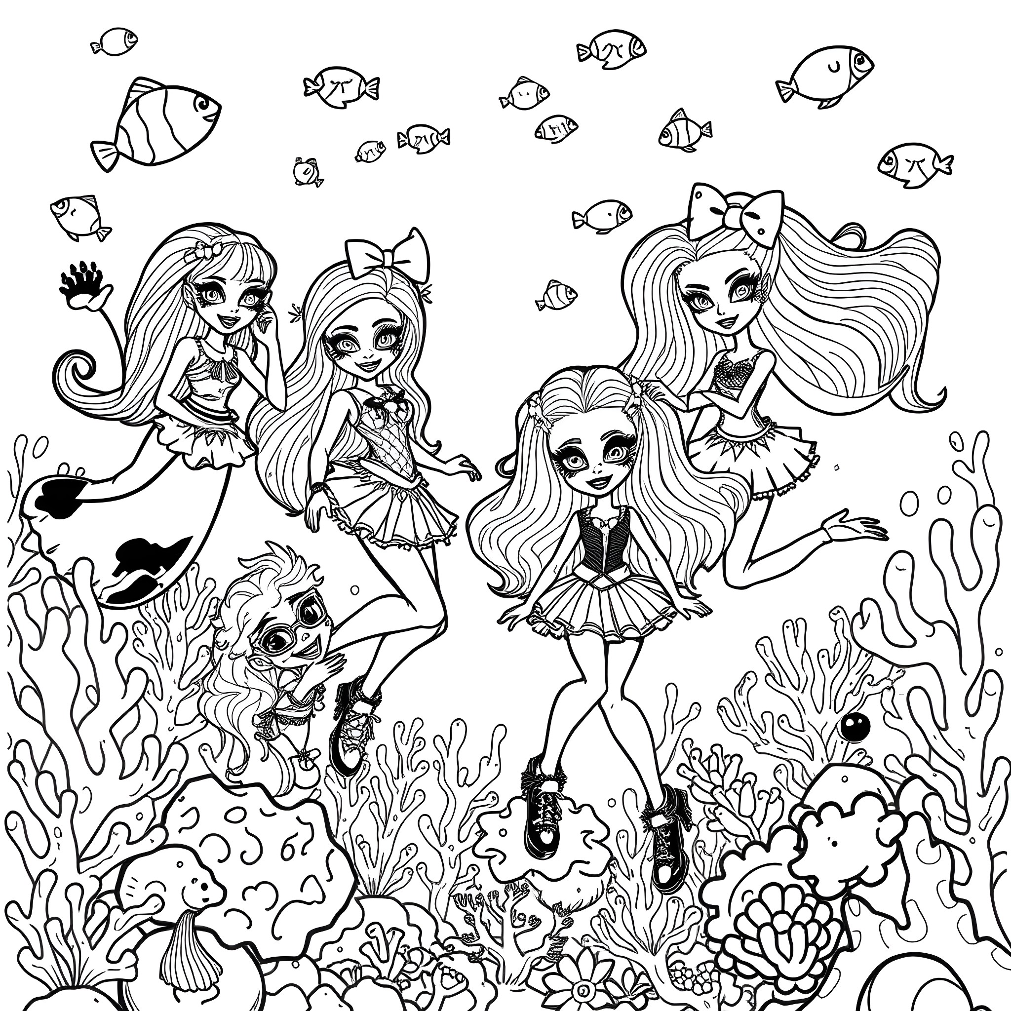 Monster High Girls Underwater Adventure Coloring Page (free black-and-white line drawing printable PDF for all, from beginners to advanced learners, including children, teens, adults, and seniors)