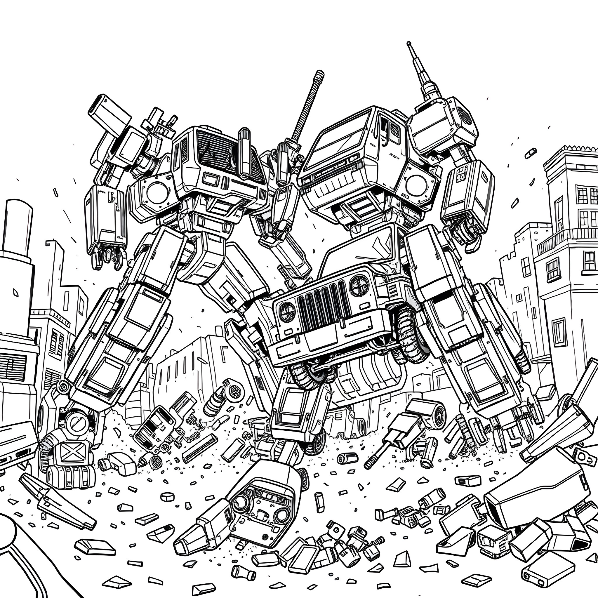 Robot warriors in futuristic urban combat Coloring Page (free black-and-white line drawing printable PDF for all, from beginners to advanced learners, including children, teens, adults, and seniors)