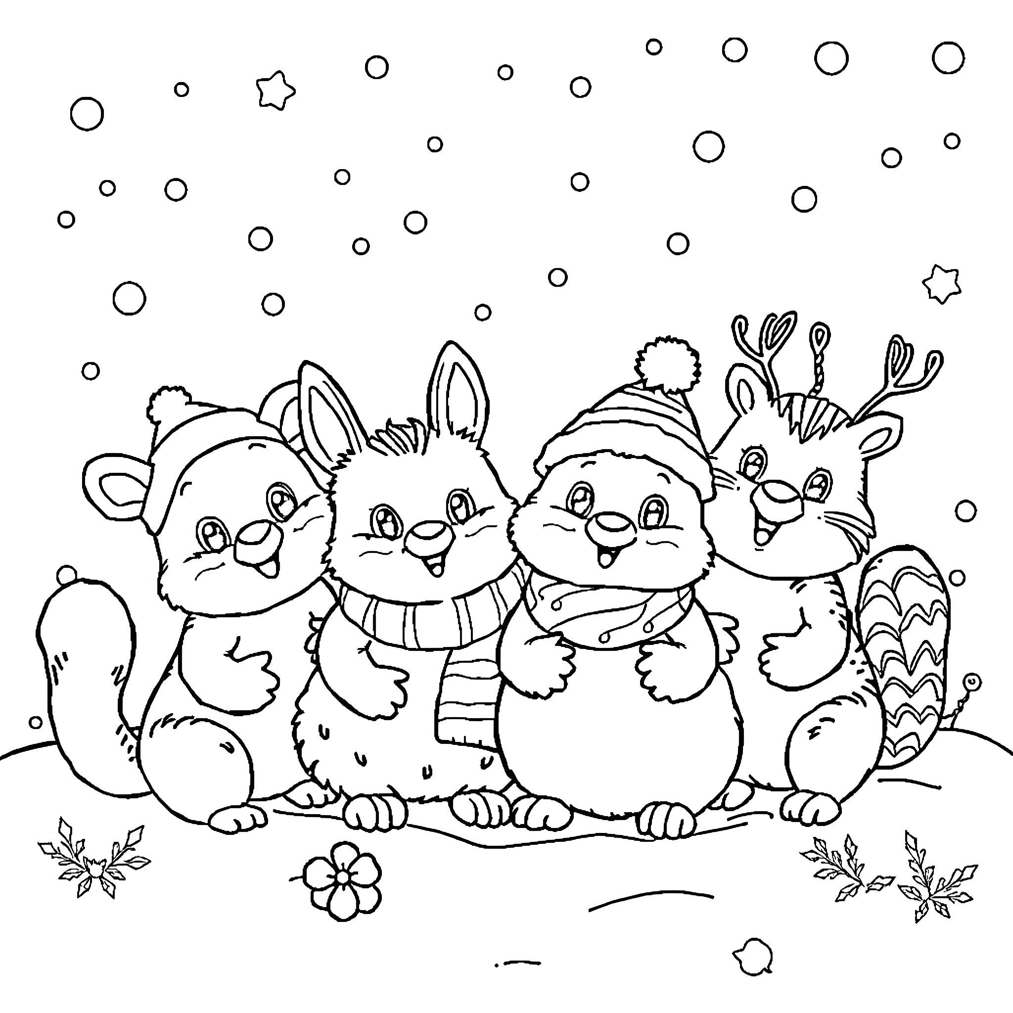 Critter Friends Enjoying Winter Wonderland Coloring Page (free black-and-white line drawing printable PDF for all, from beginners to advanced learners, including children, teens, adults, and seniors)