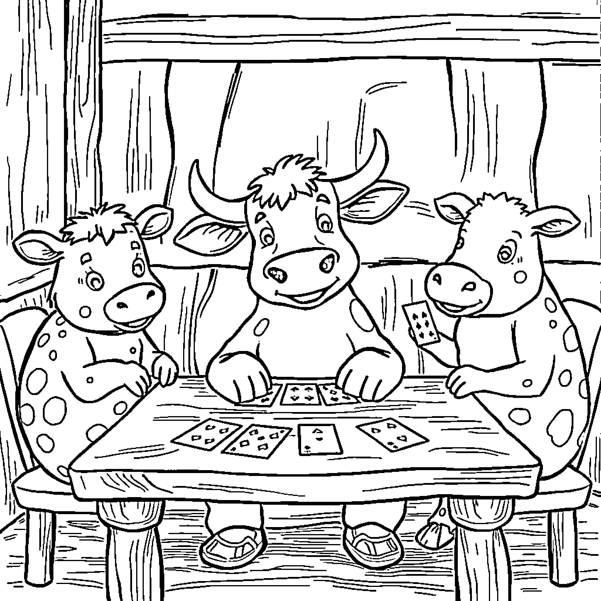Cows playing card game in the barn Coloring Page (free black-and-white line drawing printable PDF for all, from beginners to advanced learners, including children, teens, adults, and seniors)