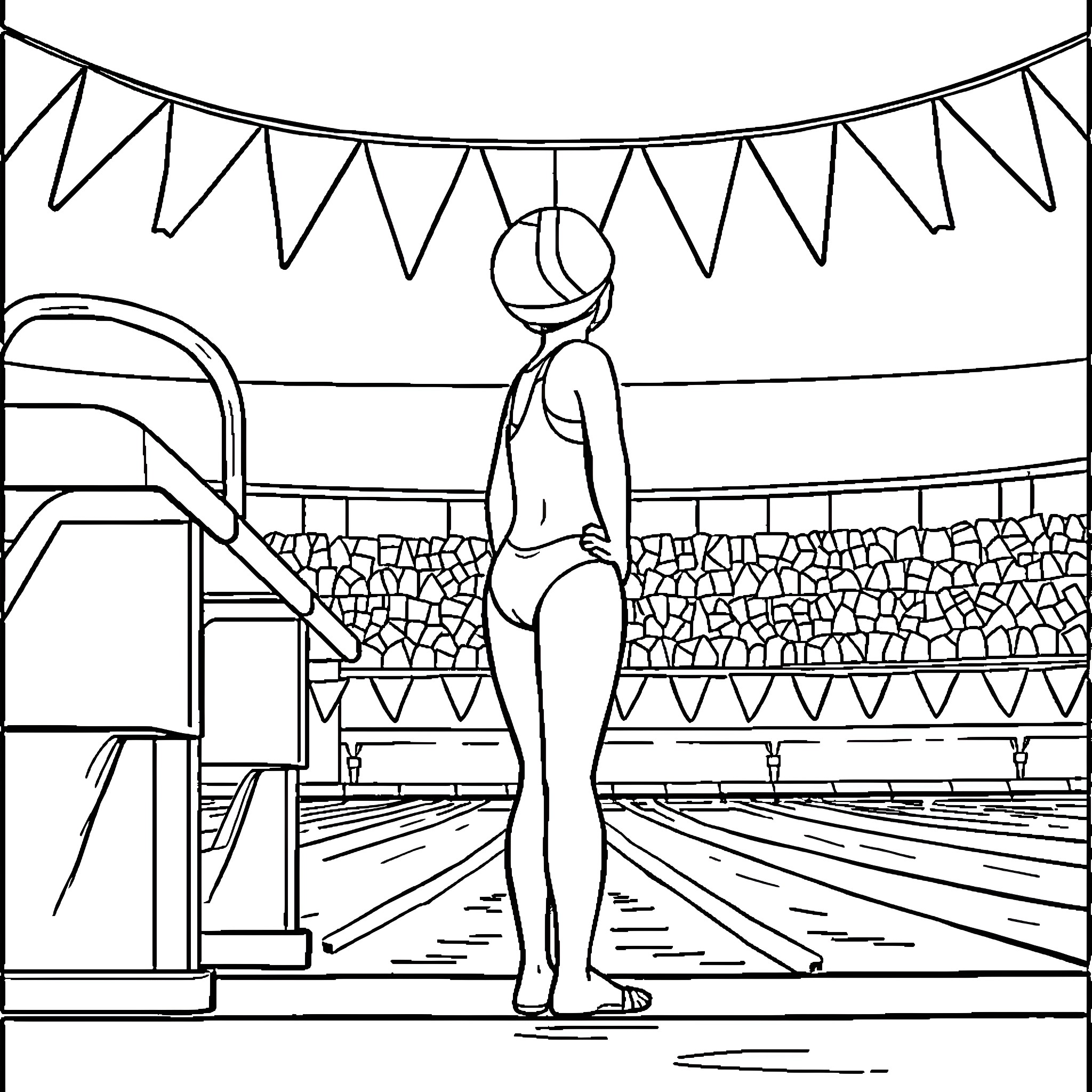 Swimmer preparing for a competition in an indoor pool Coloring Page (free black-and-white line drawing printable PDF for all, from beginners to advanced learners, including children, teens, adults, and seniors)
