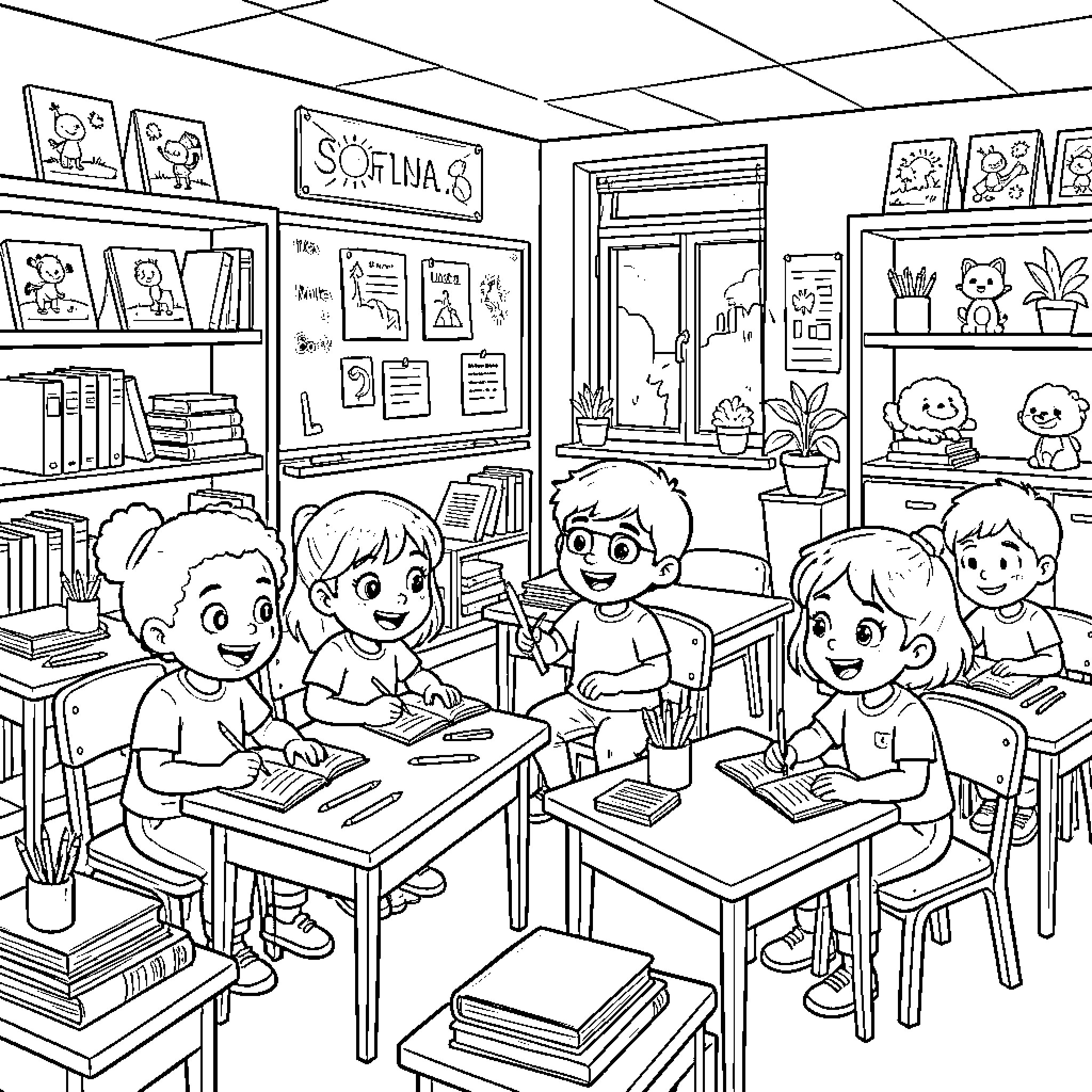 Image of students studying in a classroom Coloring Page (free black-and-white line drawing printable PDF for all, from beginners to advanced learners, including children, teens, adults, and seniors)