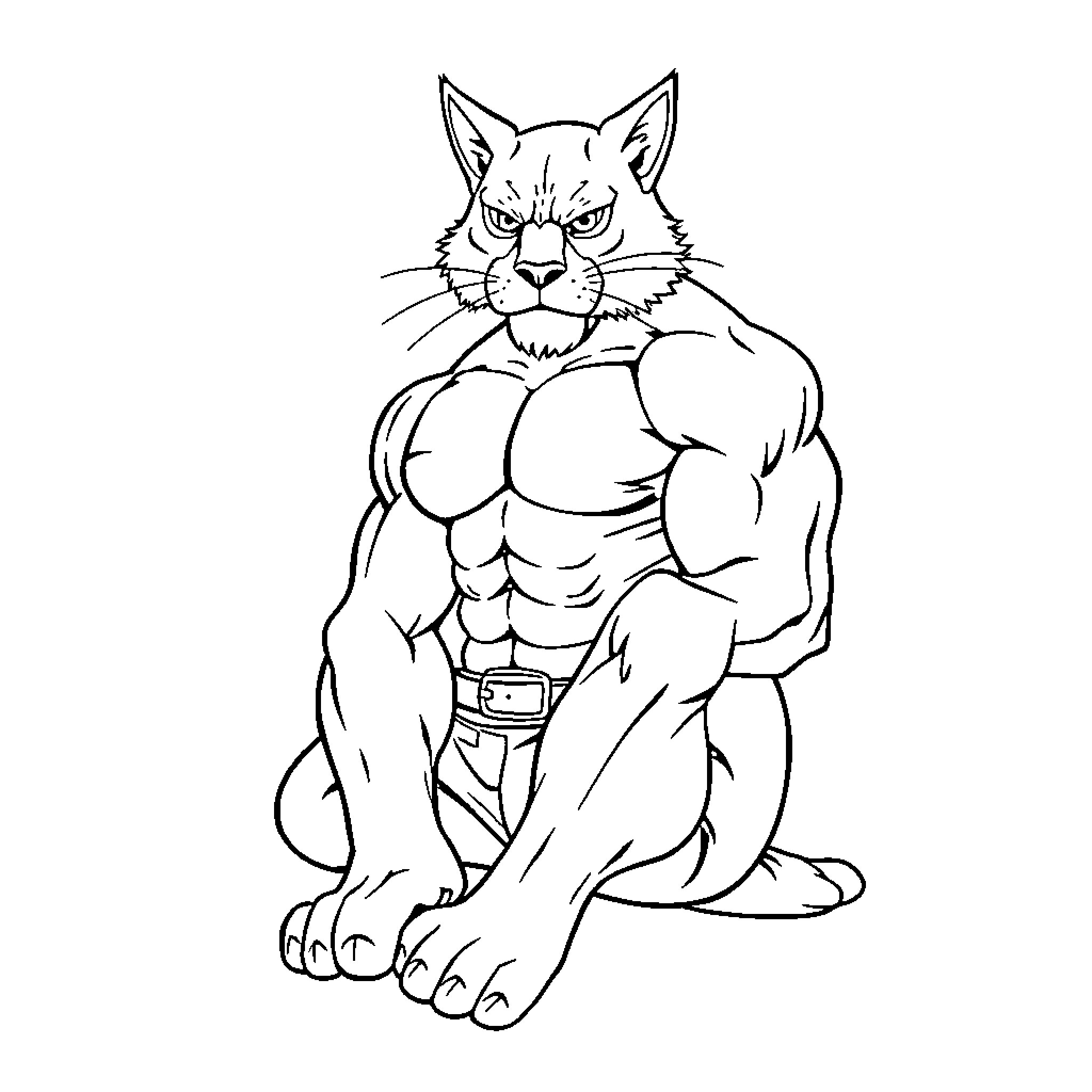 B A Baracus - Muscular Feline Fighter in Action Coloring Page (free black-and-white line drawing printable PDF for all, from beginners to advanced learners, including children, teens, adults, and seniors)