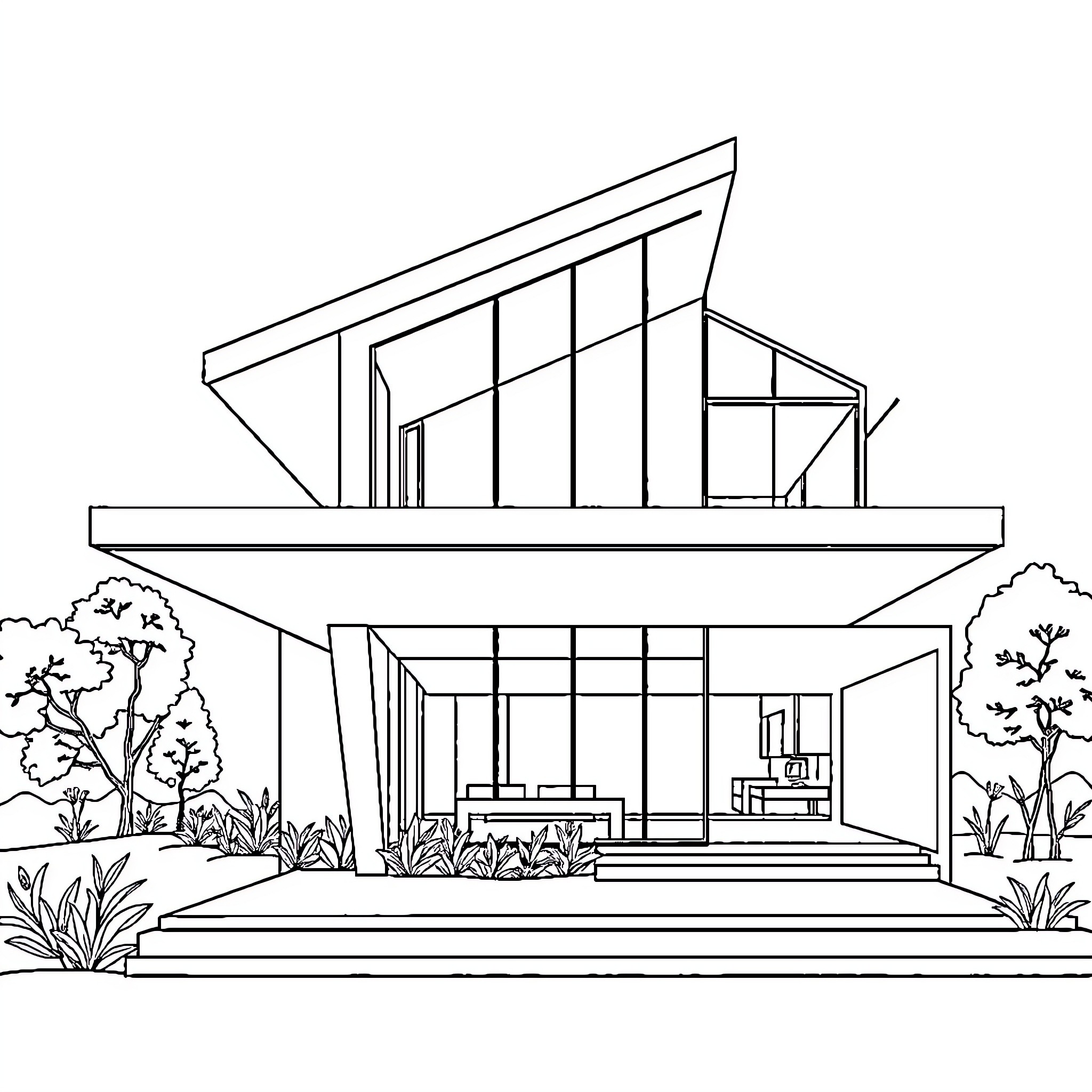 House with modern architectural design Coloring Page (free black-and-white line drawing printable PDF for all, from beginners to advanced learners, including children, teens, adults, and seniors)