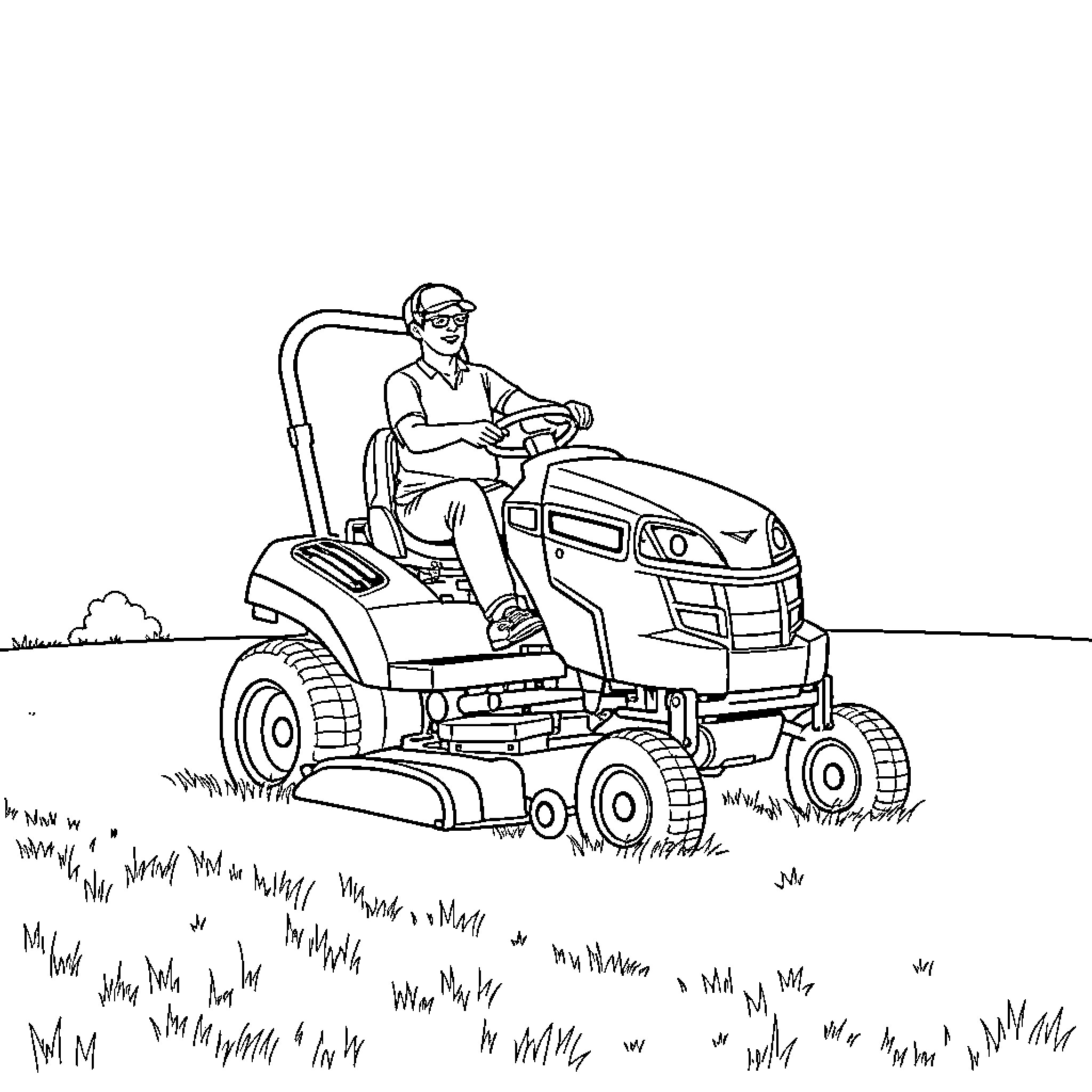 Man operating riding lawnmower in grassy field Coloring Page (free black-and-white line drawing printable PDF for all, from beginners to advanced learners, including children, teens, adults, and seniors)