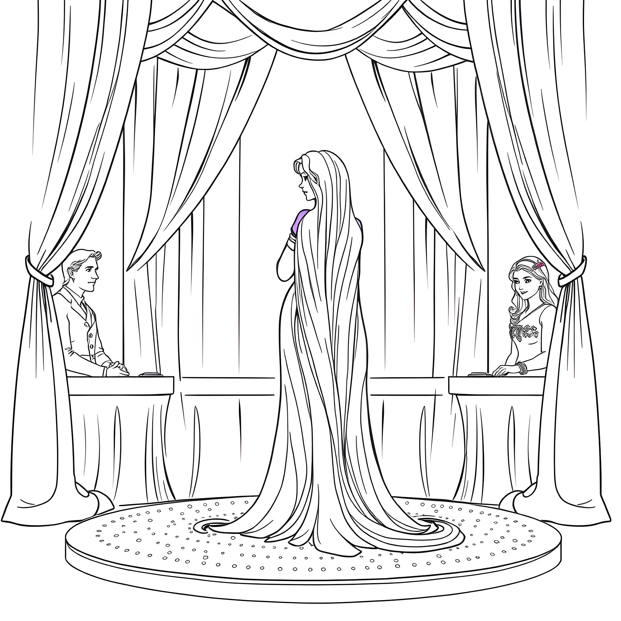 Rapunzel's Royal Appearance: A Princess's Radiant Showcase Coloring Page (free black-and-white line drawing printable PDF for all, from beginners to advanced learners, including children, teens, adults, and seniors)