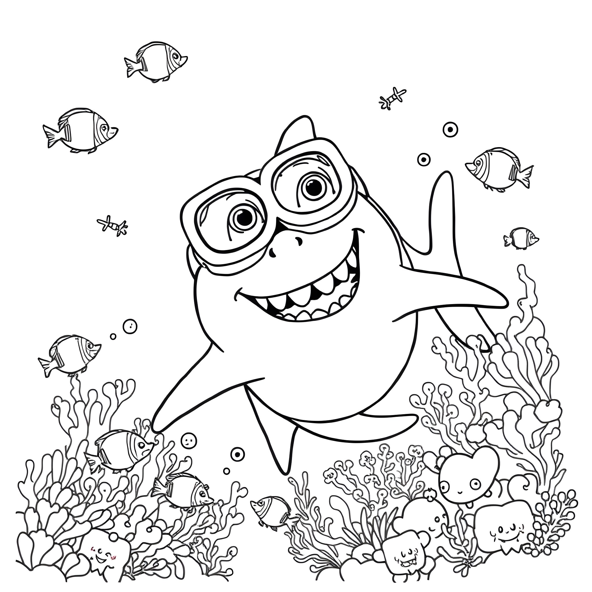 Minion shark exploring the underwater world with fish Coloring Page (free black-and-white line drawing printable PDF for all, from beginners to advanced learners, including children, teens, adults, and seniors)