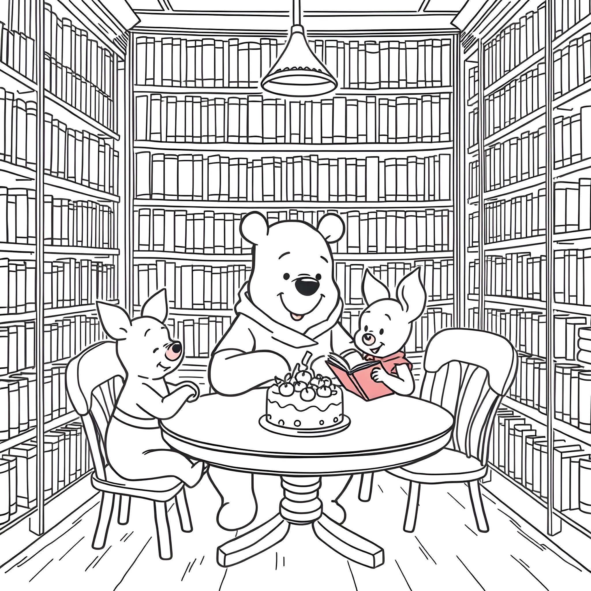 Winnie The Pooh and Friends Celebrating in the Library Coloring Page (free black-and-white line drawing printable PDF for all, from beginners to advanced learners, including children, teens, adults, and seniors)