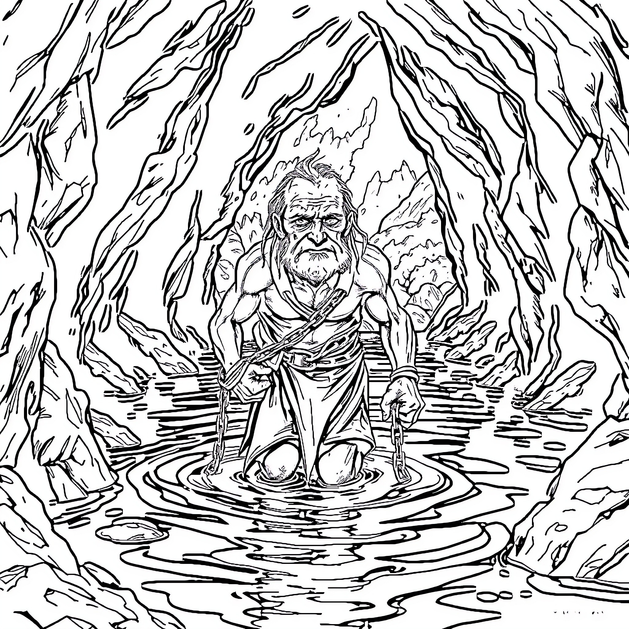 Man sitting in a mystical cave Coloring Page (free black-and-white line drawing printable PDF for all, from beginners to advanced learners, including children, teens, adults, and seniors)