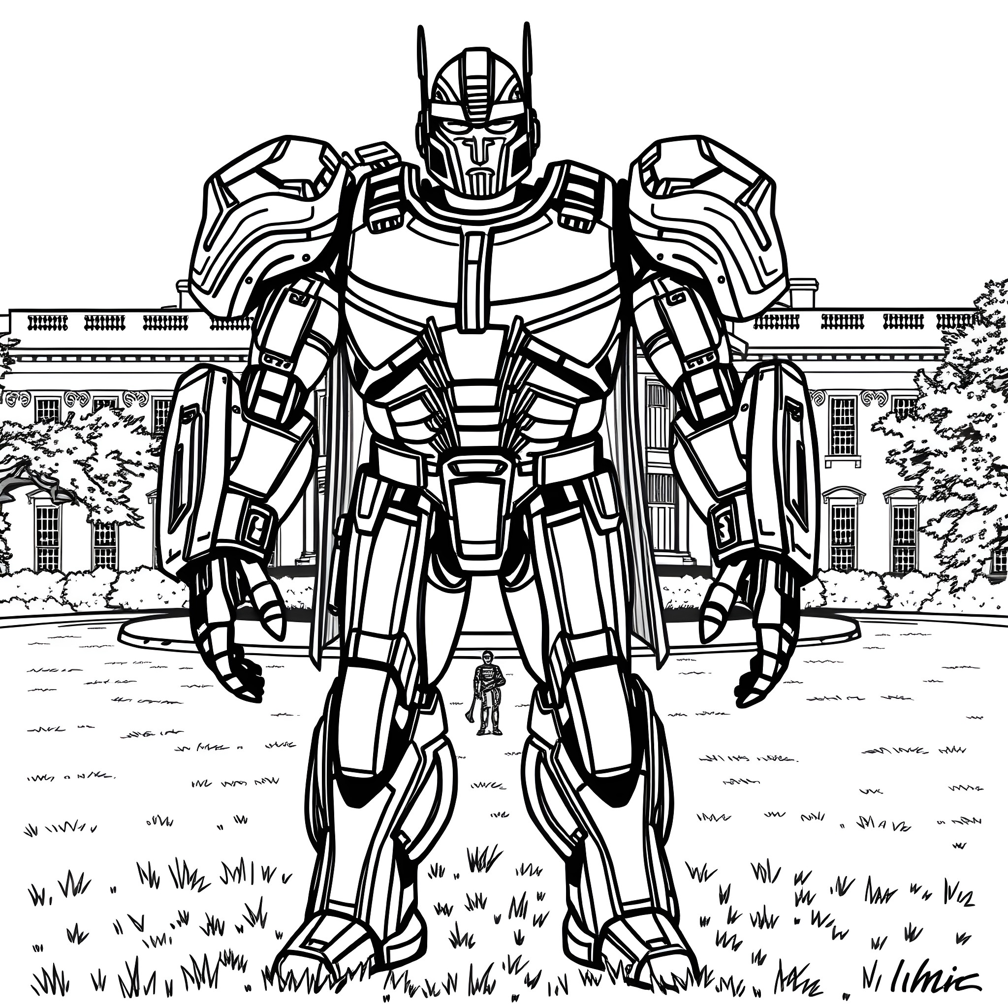 Megatron, the Towering Robotic Overlord Coloring Page (free black-and-white line drawing printable PDF for all, from beginners to advanced learners, including children, teens, adults, and seniors)
