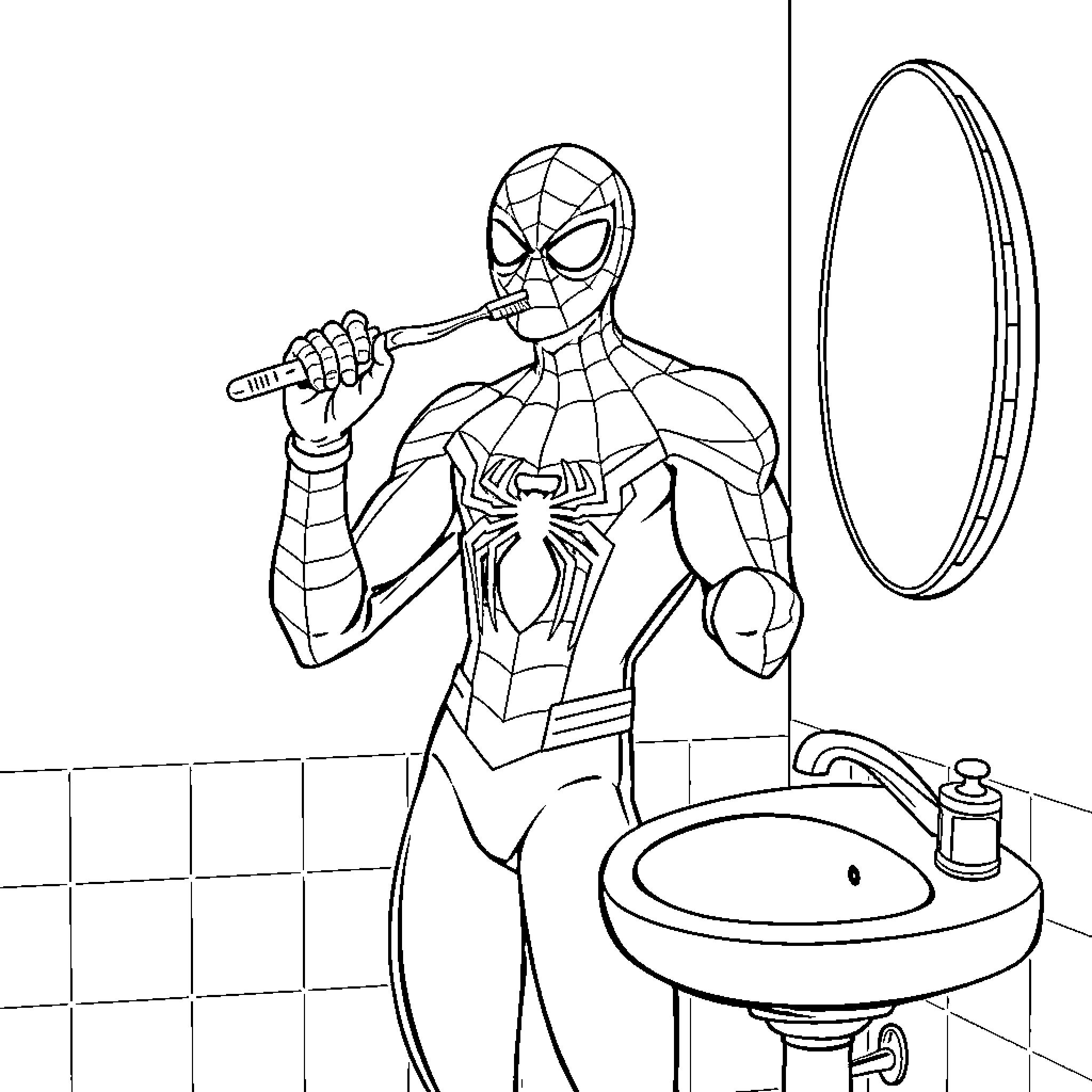 Spiderman Getting Ready in the Bathroom Coloring Page (free black-and-white line drawing printable PDF for all, from beginners to advanced learners, including children, teens, adults, and seniors)