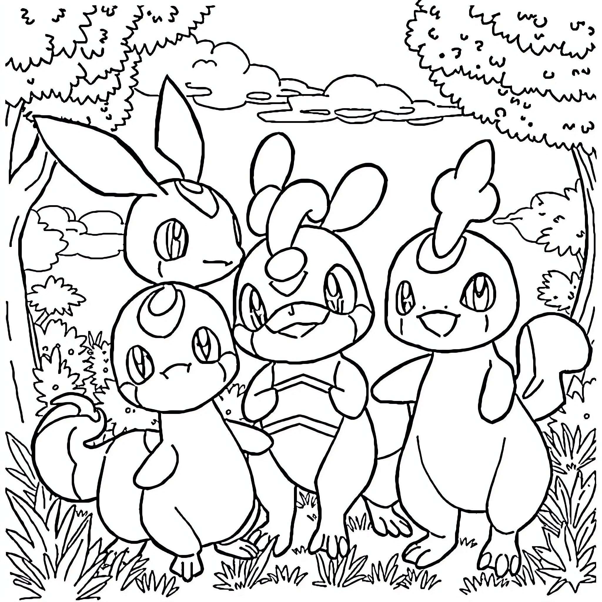 Pokémon friends explore the natural world Coloring Page (free black-and-white line drawing printable PDF for all, from beginners to advanced learners, including children, teens, adults, and seniors)
