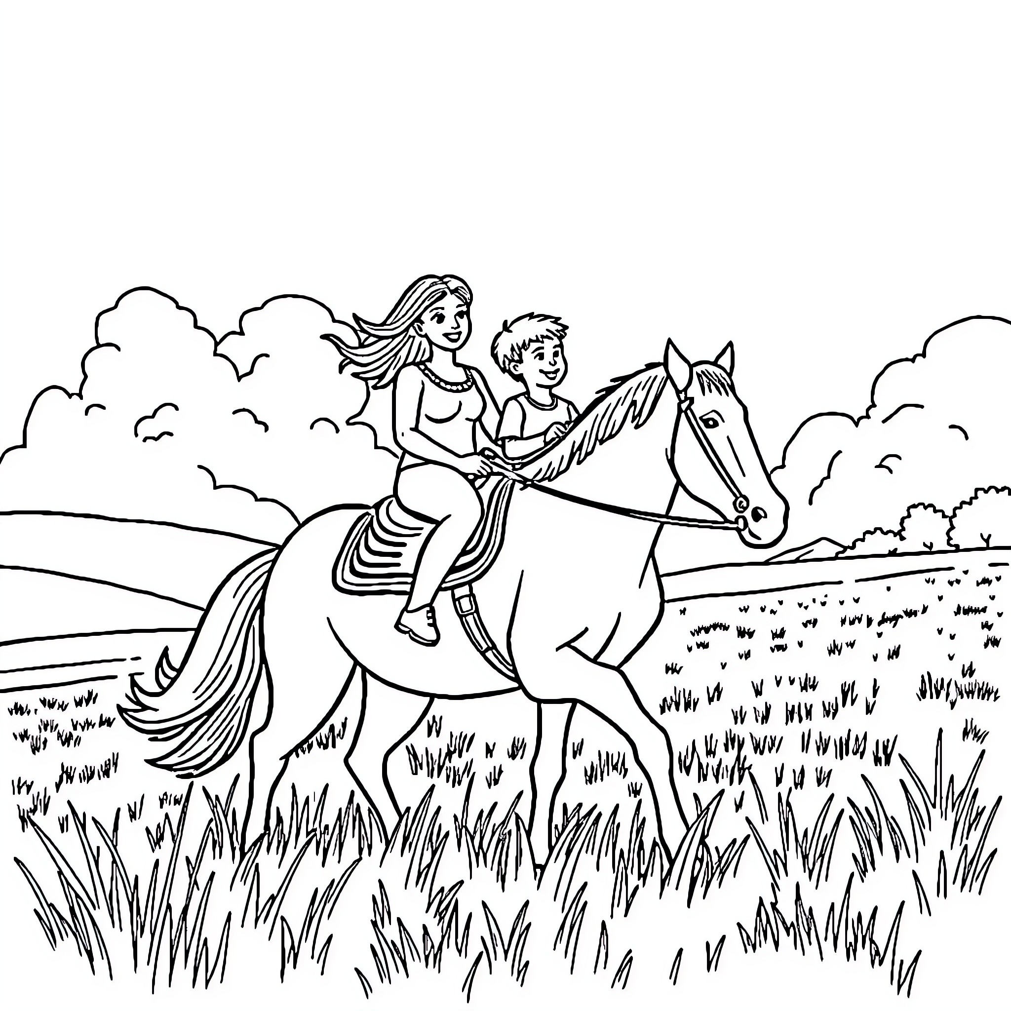 Horse and rider enjoying a scenic outdoor adventure Coloring Page (free black-and-white line drawing printable PDF for all, from beginners to advanced learners, including children, teens, adults, and seniors)