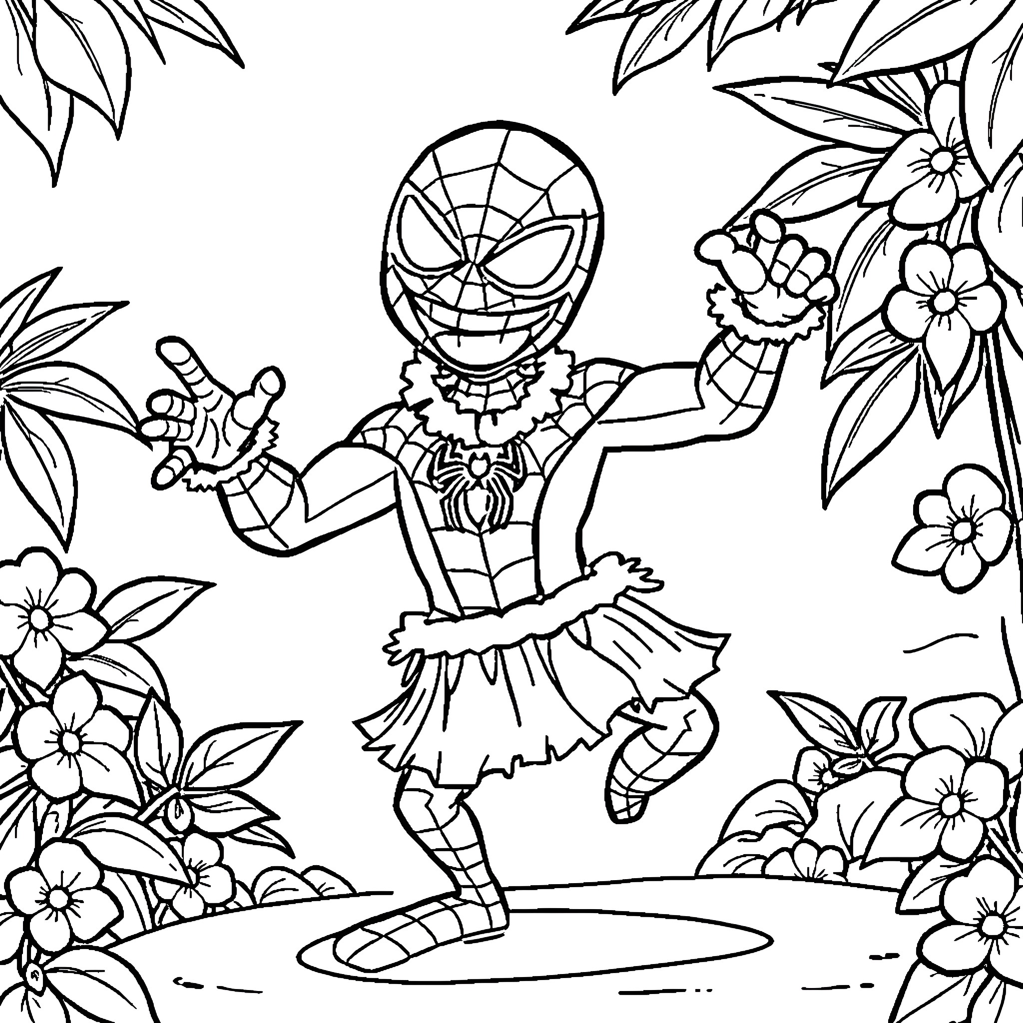 Spiderman dancing in a floral paradise Coloring Page (free black-and-white line drawing printable PDF for all, from beginners to advanced learners, including children, teens, adults, and seniors)
