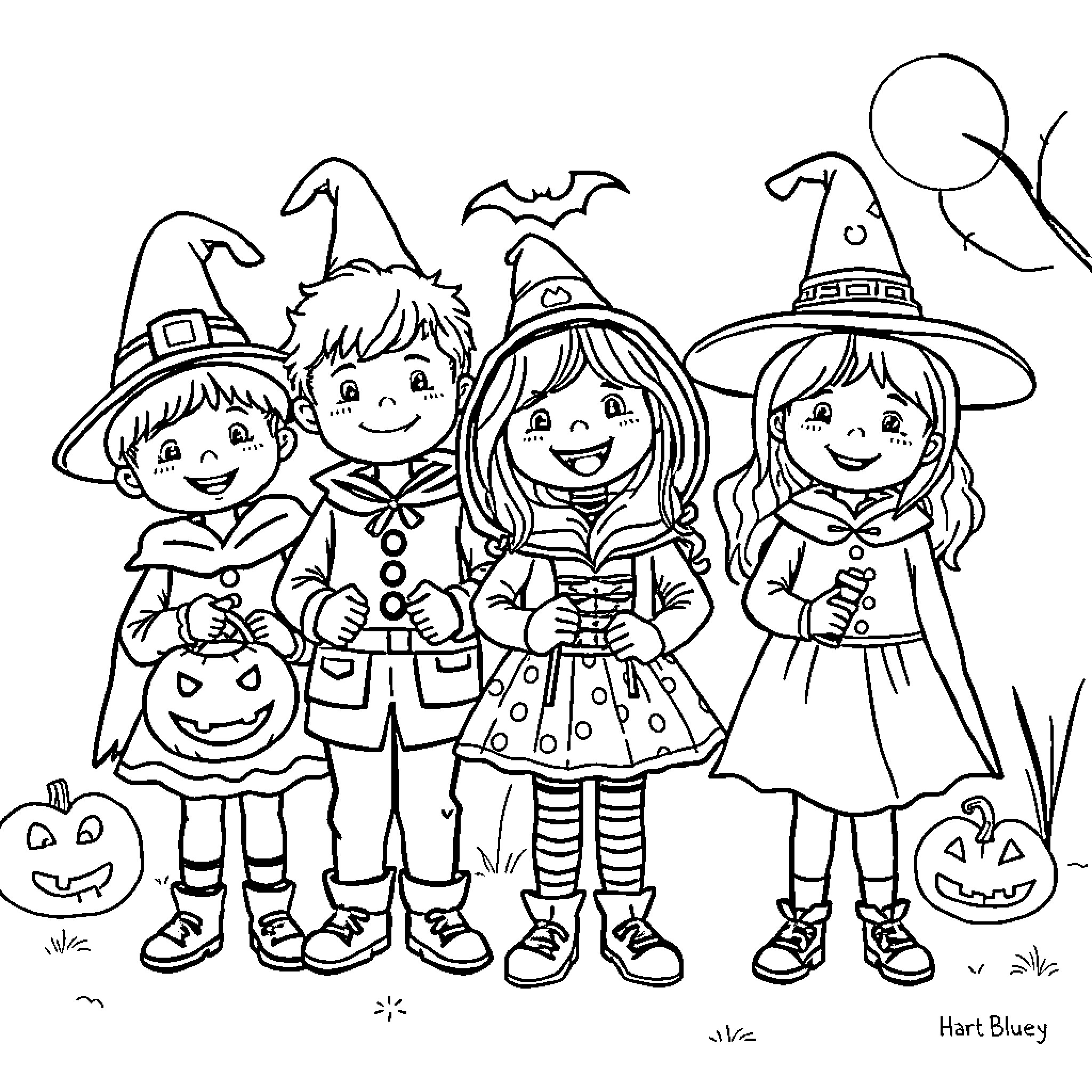 Kid Costumed Friends Trick-or-Treating on Halloween Coloring Page (free black-and-white line drawing printable PDF for all, from beginners to advanced learners, including children, teens, adults, and seniors)