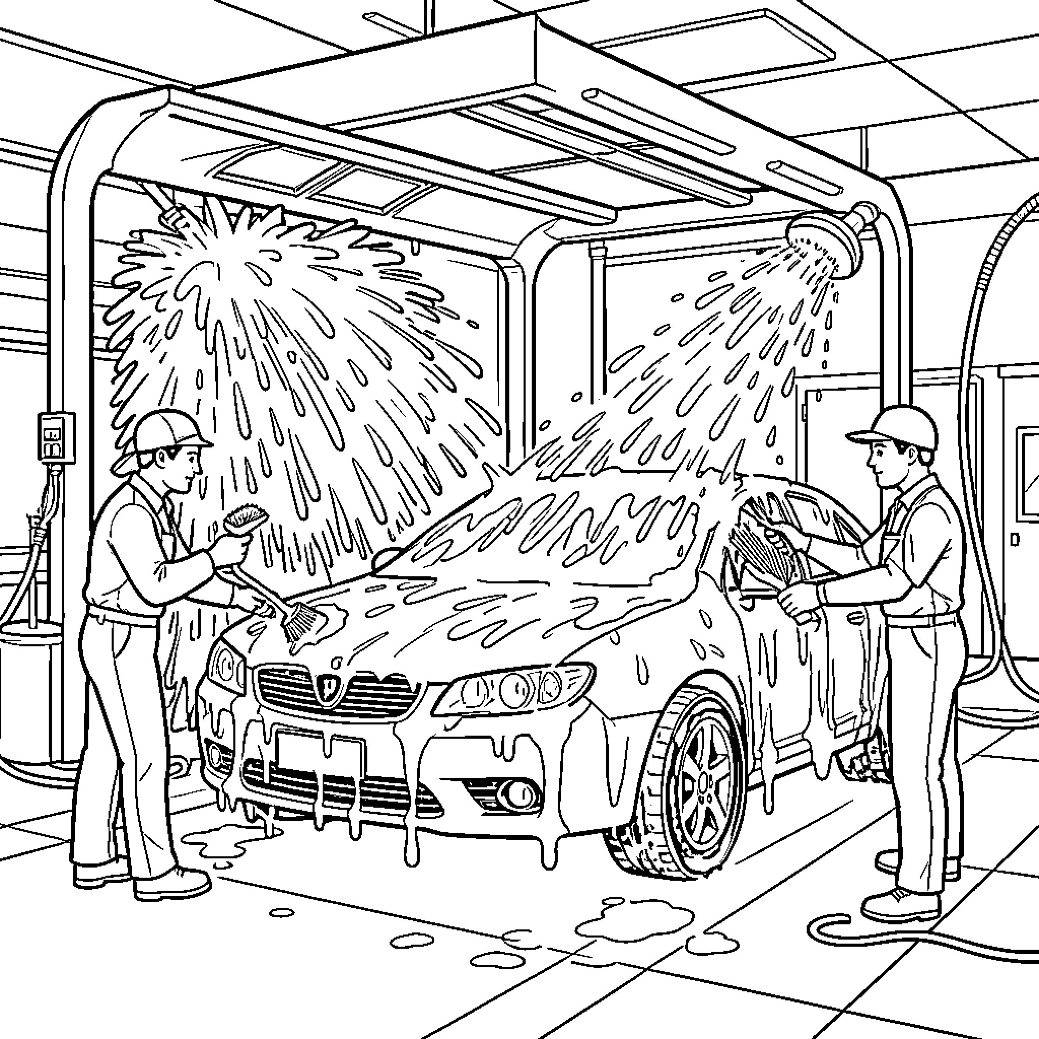 Car being washed by two workers at a station Coloring Page (free black-and-white line drawing printable PDF for all, from beginners to advanced learners, including children, teens, adults, and seniors)