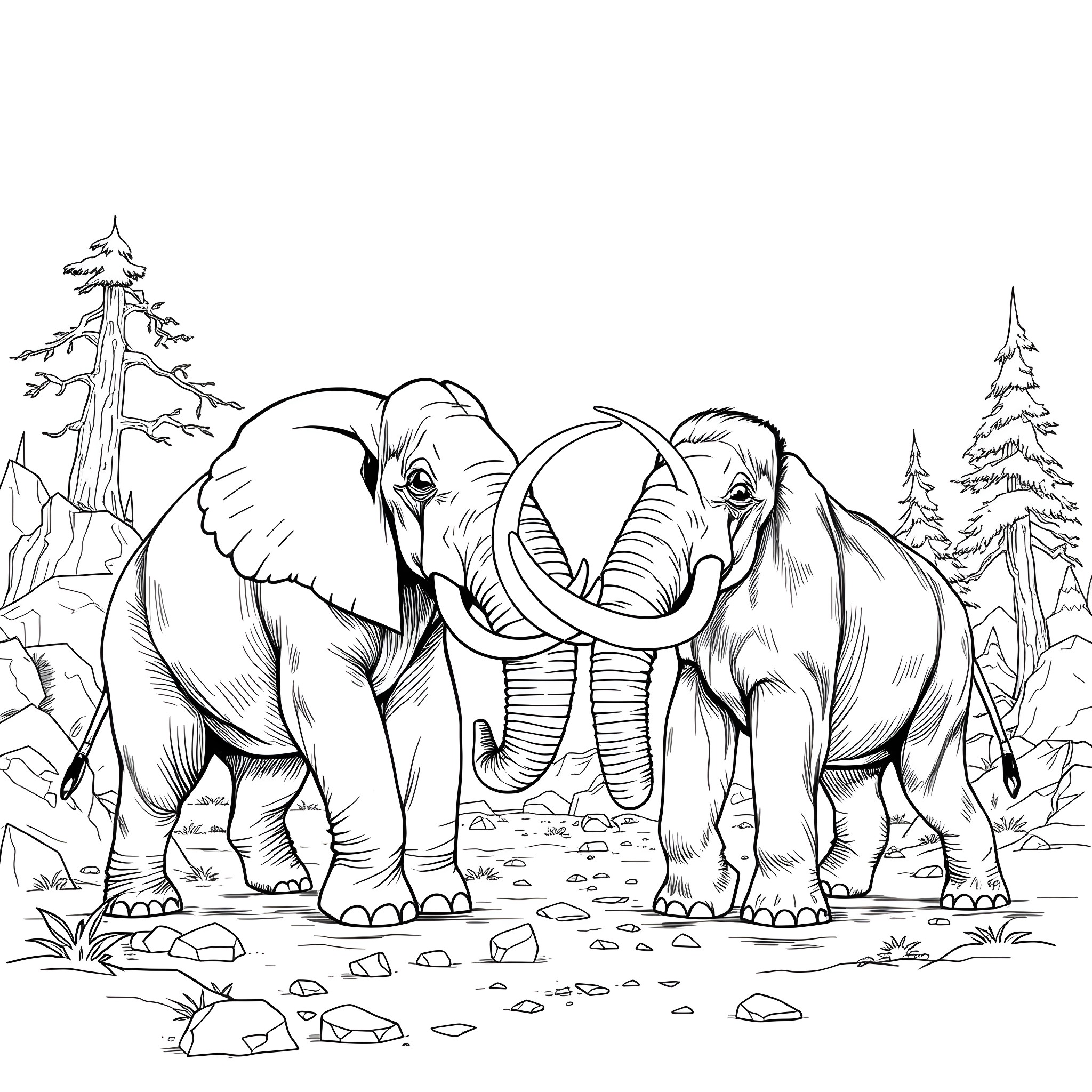 Elephant Herd in a Forested Landscape Coloring Page (free black-and-white line drawing printable PDF for all, from beginners to advanced learners, including children, teens, adults, and seniors)
