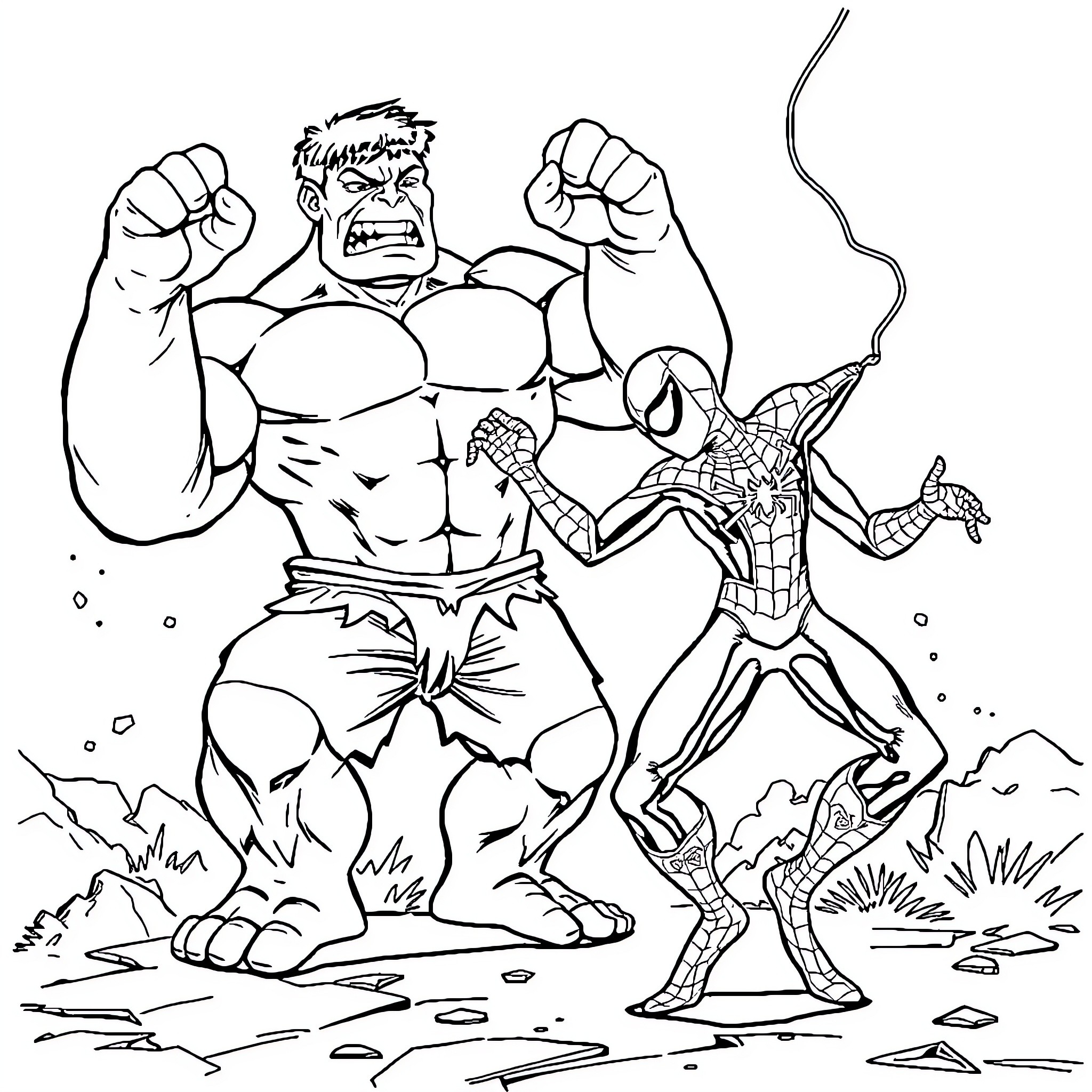 Spider-Man battles a powerful foe in intense showdown Coloring Page (free black-and-white line drawing printable PDF for all, from beginners to advanced learners, including children, teens, adults, and seniors)