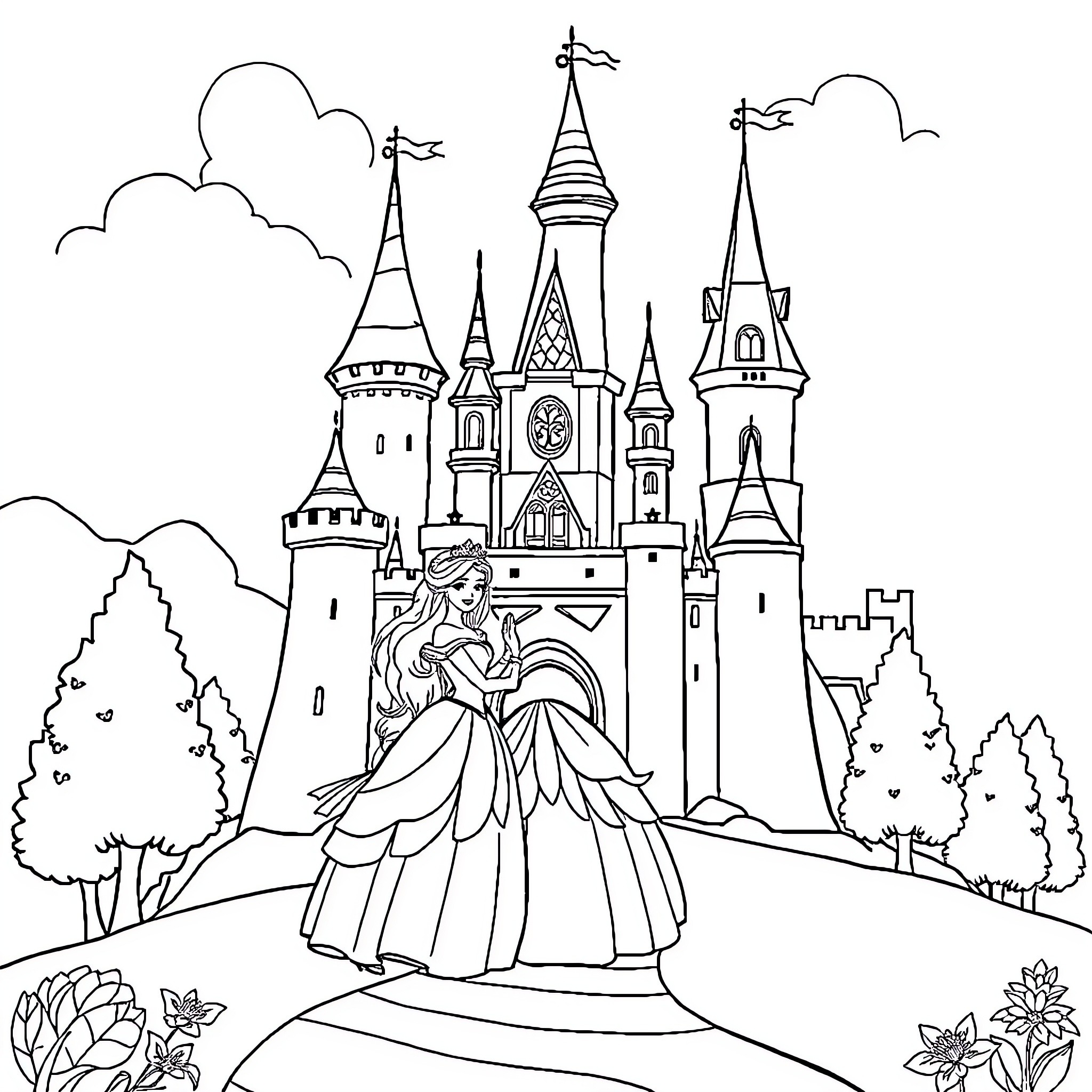 Princess in a Magnificent Castle Landscape Coloring Page (free black-and-white line drawing printable PDF for all, from beginners to advanced learners, including children, teens, adults, and seniors)