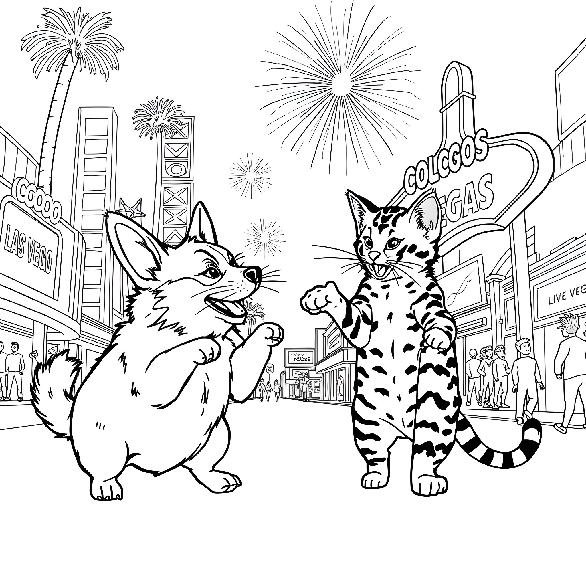 Corgi and cat watching fireworks in the city Coloring Page (free black-and-white line drawing printable PDF for all, from beginners to advanced learners, including children, teens, adults, and seniors)