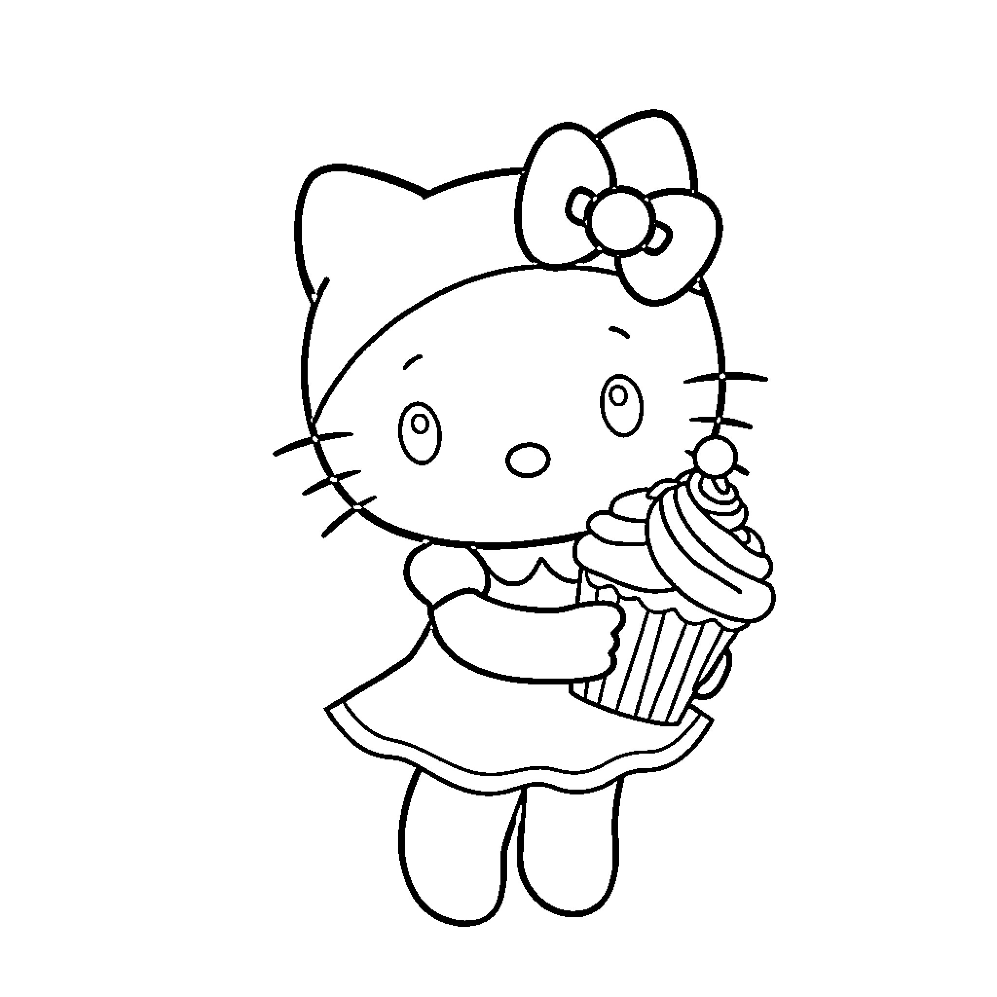 My Melody Holding a Cupcake Coloring Page (free black-and-white line drawing printable PDF for all, from beginners to advanced learners, including children, teens, adults, and seniors)