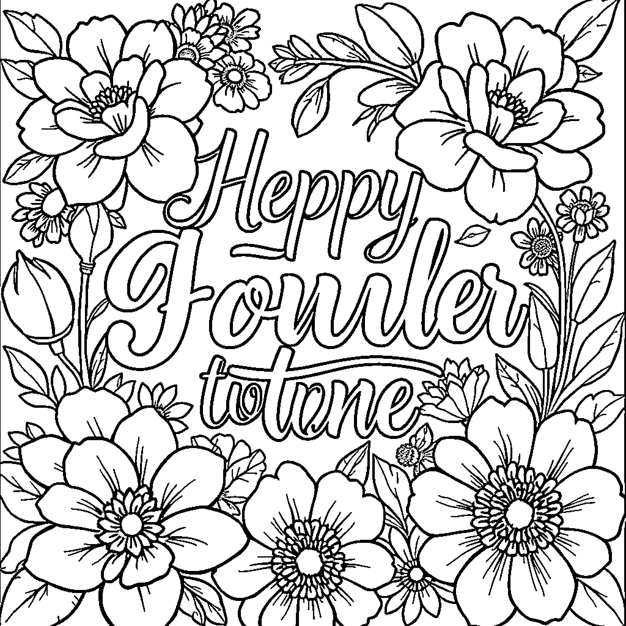 Phrase with floral and happy expressions Coloring Page (free black-and-white line drawing printable PDF for all, from beginners to advanced learners, including children, teens, adults, and seniors)