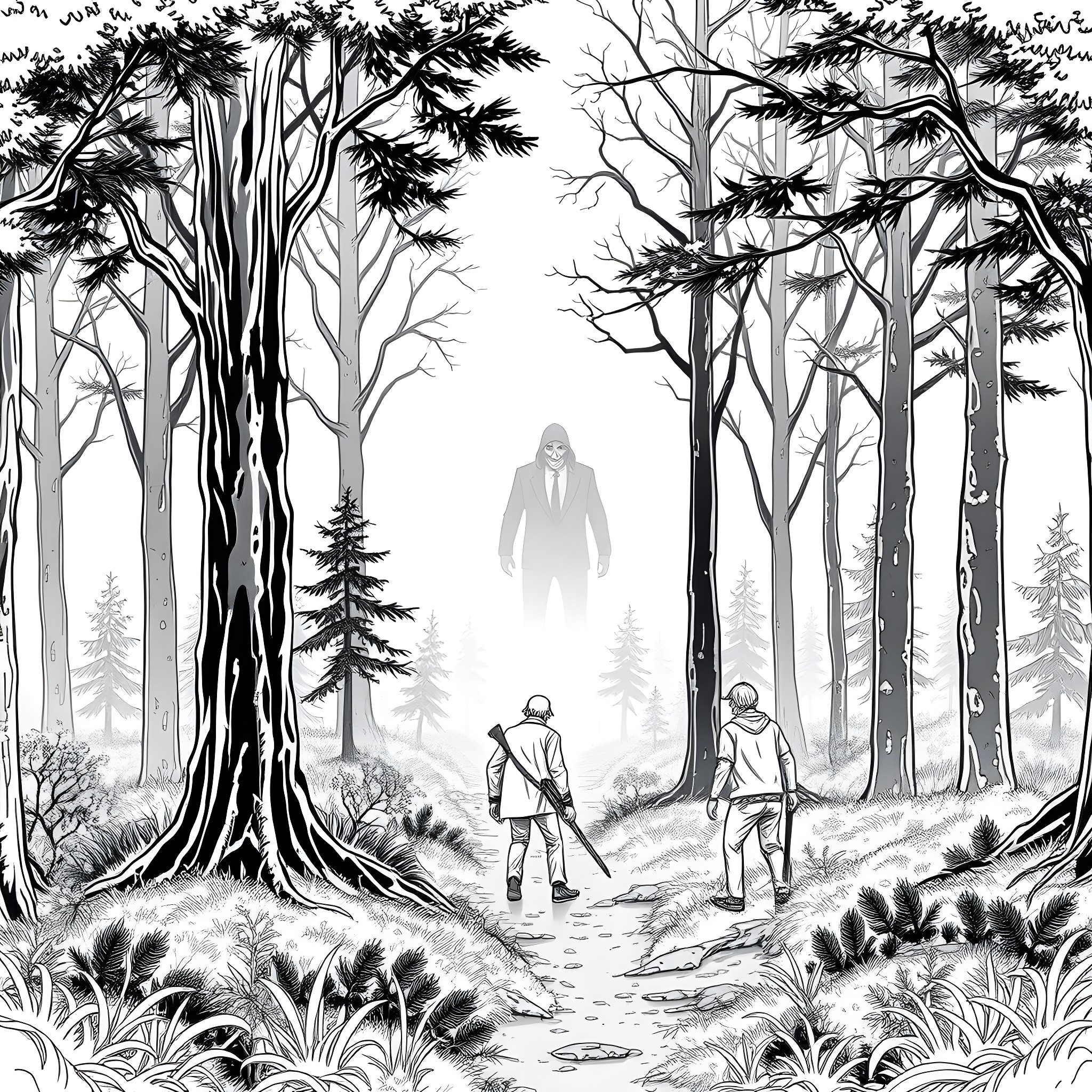 Dead by Daylight - Survivors Confronting the Killer in the Haunting Forest Coloring Page (free black-and-white line drawing printable PDF for all, from beginners to advanced learners, including children, teens, adults, and seniors)