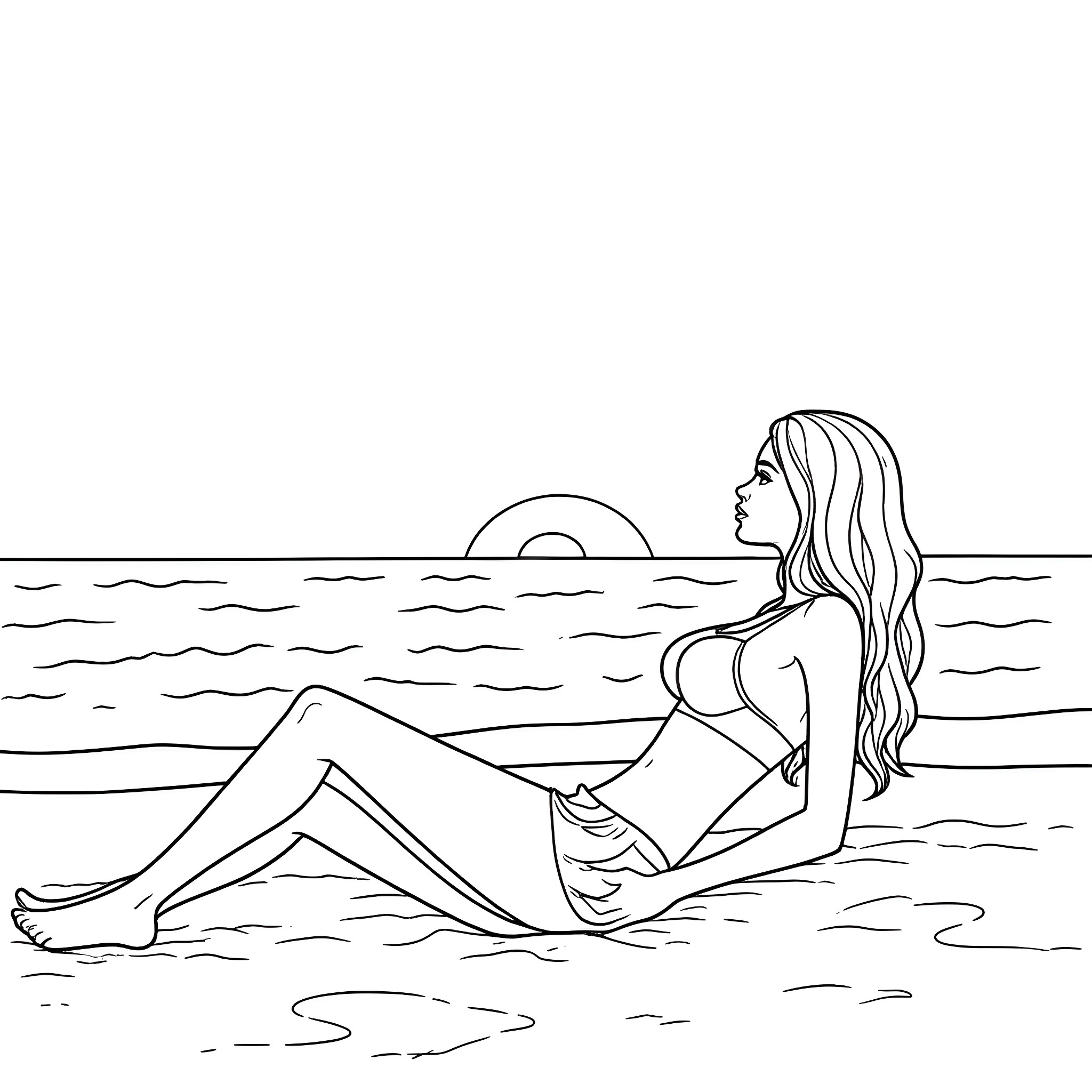 Woman relaxing on the beach during sunset Coloring Page (free black-and-white line drawing printable PDF for all, from beginners to advanced learners, including children, teens, adults, and seniors)