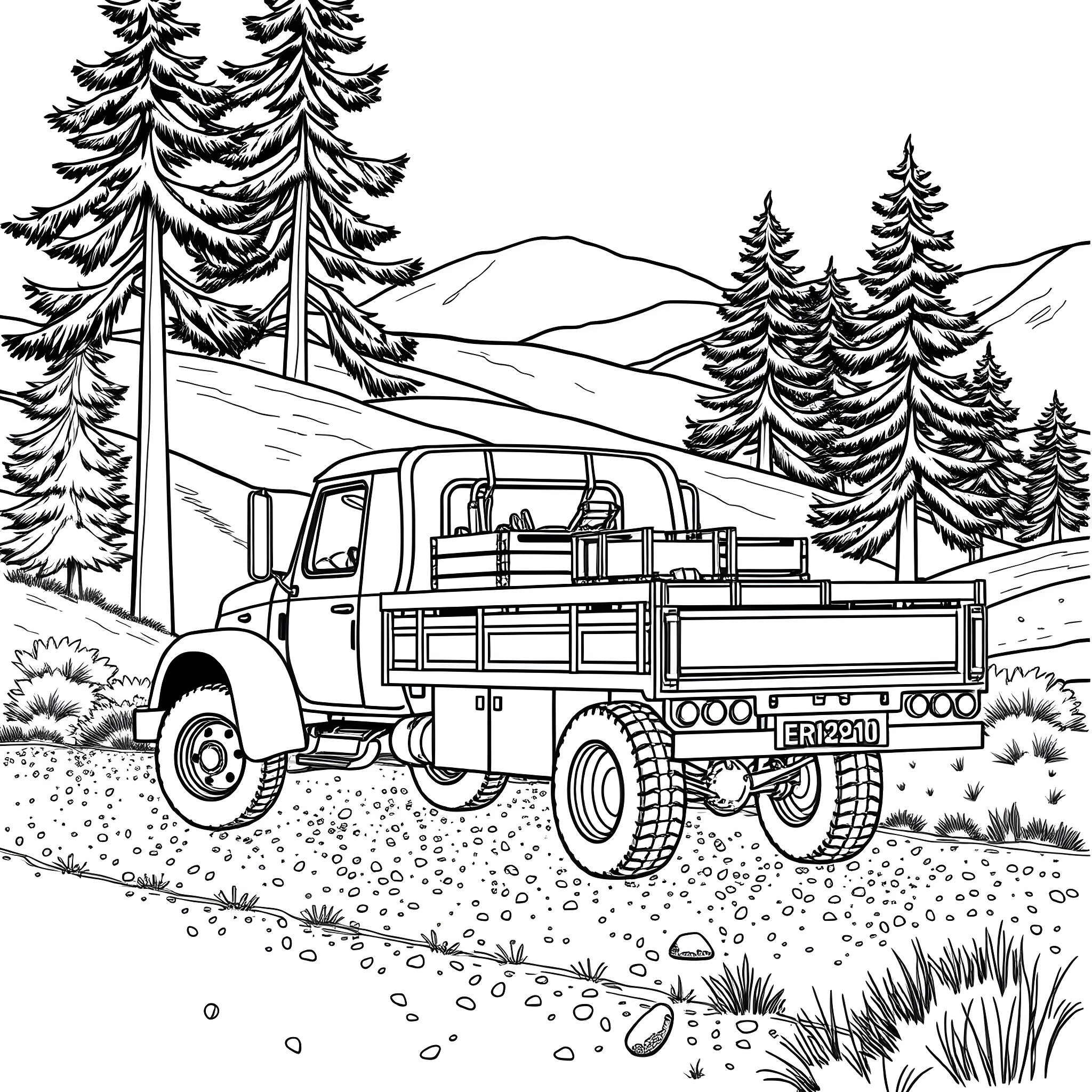Flatbed truck traversing a rugged mountain landscape Coloring Page (free black-and-white line drawing printable PDF for all, from beginners to advanced learners, including children, teens, adults, and seniors)