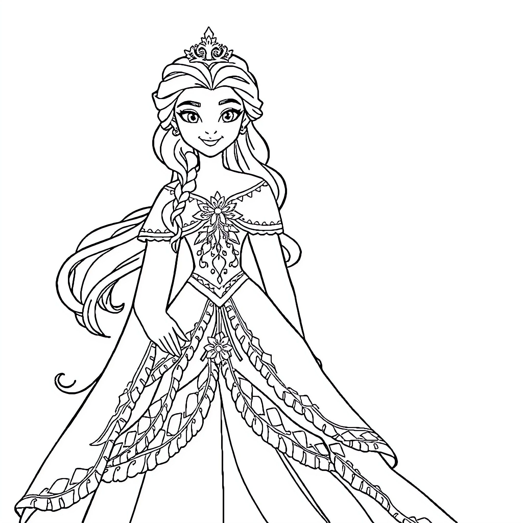 Queen in Elegant Gown with Detailed Design Coloring Page (free black-and-white line drawing printable PDF for all, from beginners to advanced learners, including children, teens, adults, and seniors)