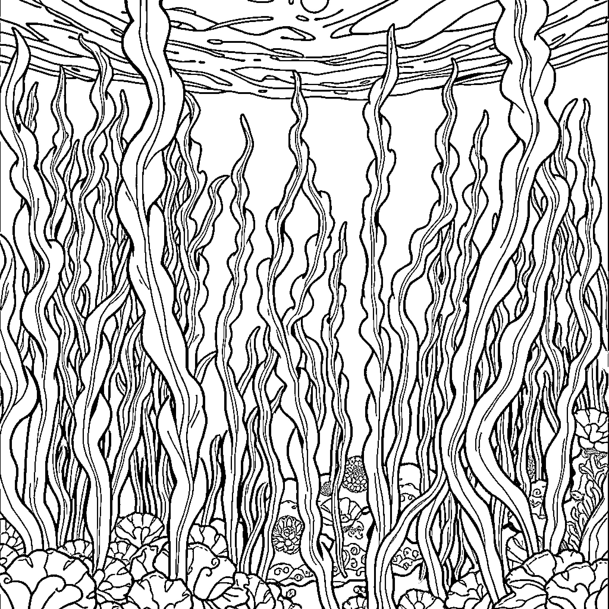 Kelp forest underwater landscape Coloring Page (free black-and-white line drawing printable PDF for all, from beginners to advanced learners, including children, teens, adults, and seniors)