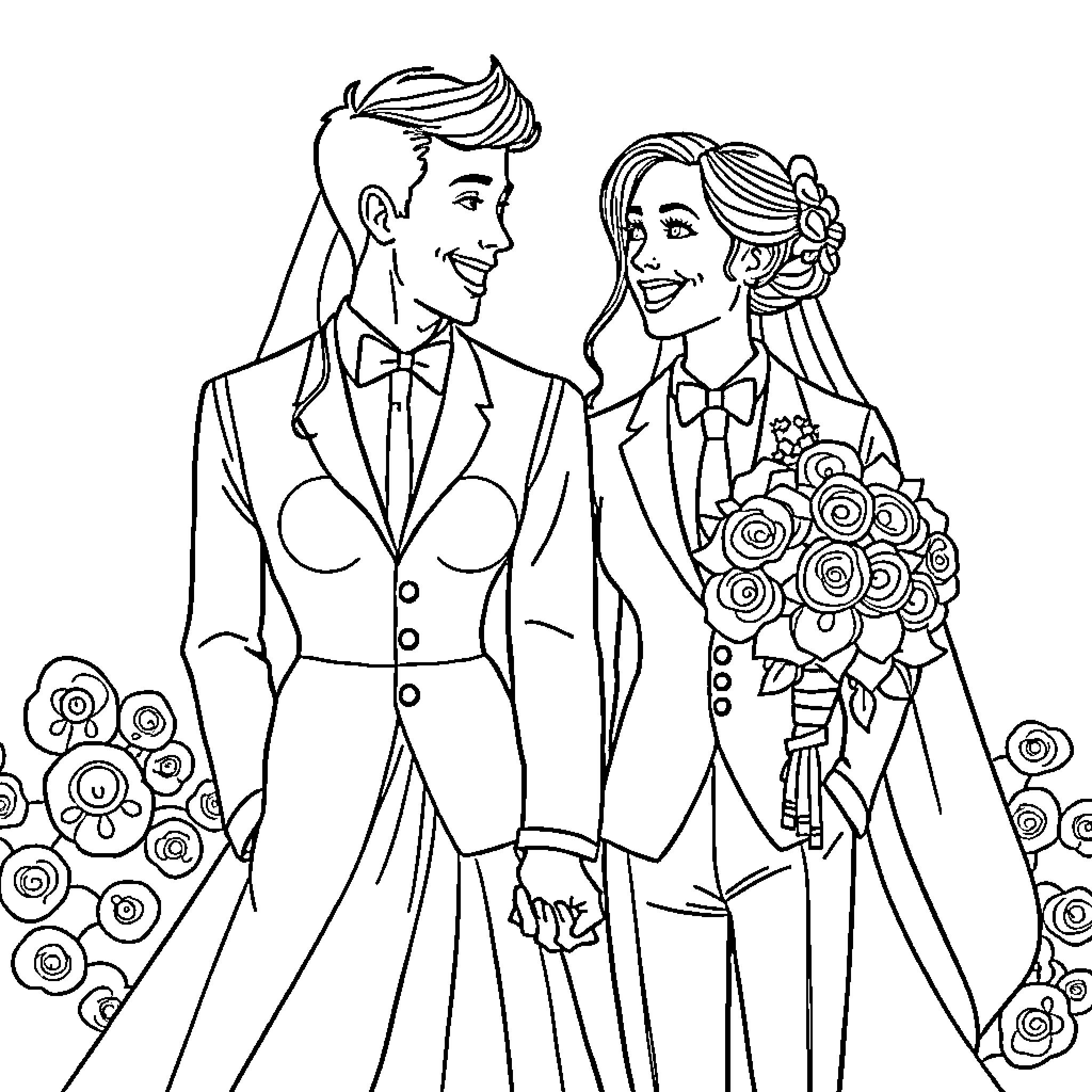 Couple celebrating their wedding day Coloring Page (free black-and-white line drawing printable PDF for all, from beginners to advanced learners, including children, teens, adults, and seniors)