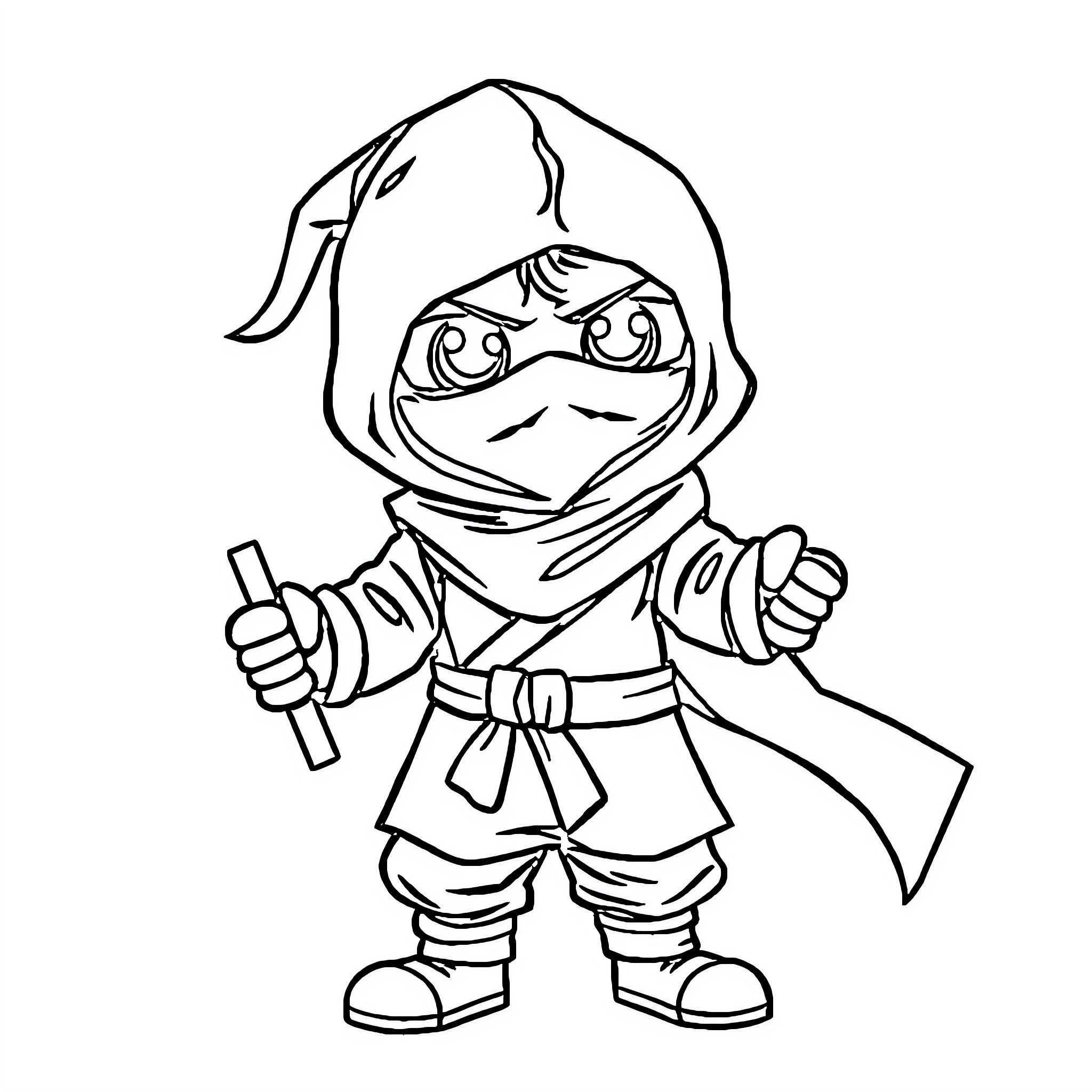 Candy warrior in ninja outfit holding weapon Coloring Page (free black-and-white line drawing printable PDF for all, from beginners to advanced learners, including children, teens, adults, and seniors)