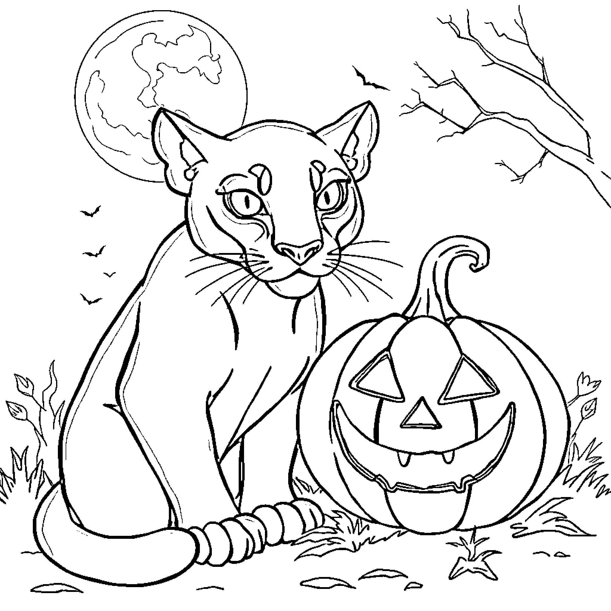 Panther prowling near pumpkin on autumn night Coloring Page (free black-and-white line drawing printable PDF for all, from beginners to advanced learners, including children, teens, adults, and seniors)