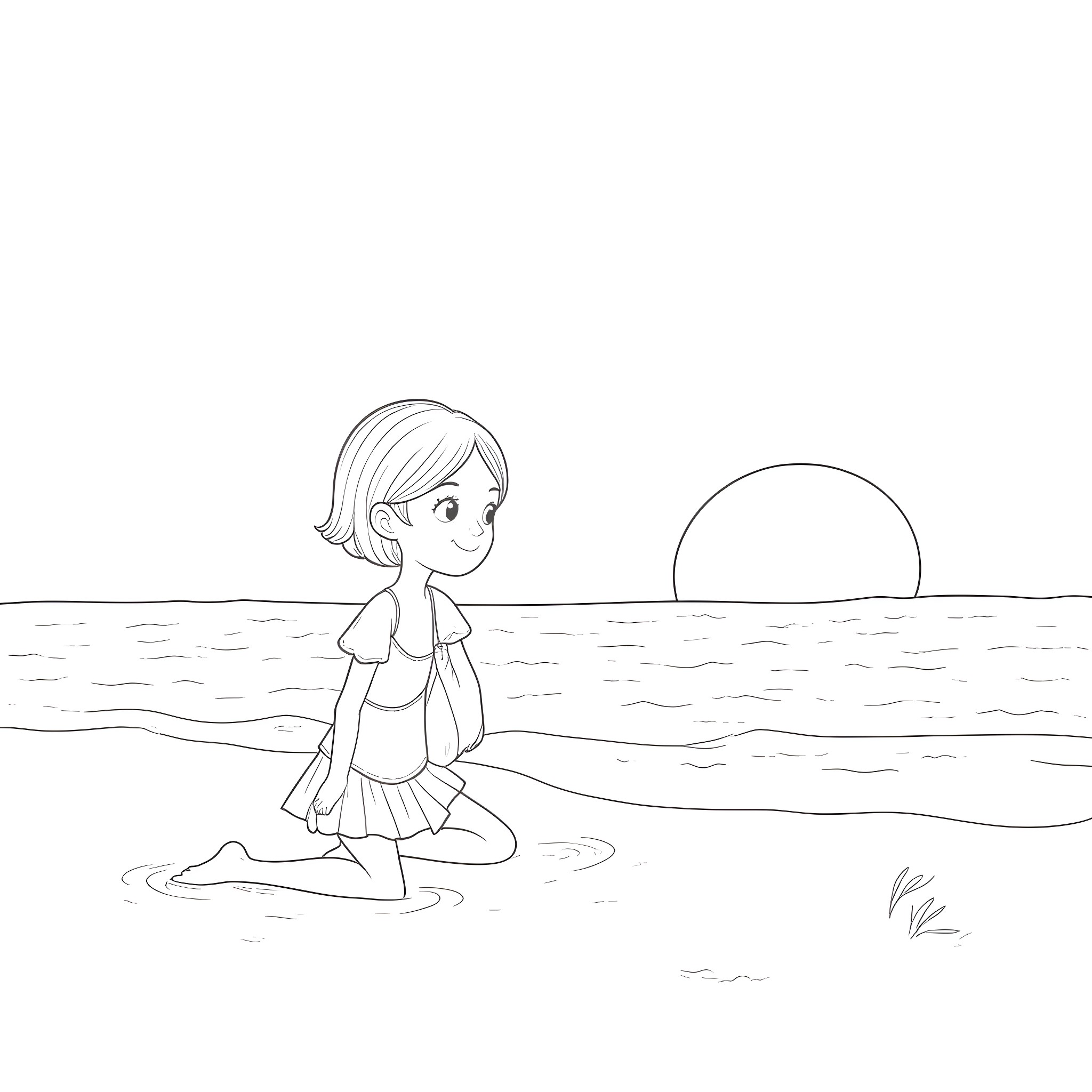 Girl enjoying the beach at sunset Coloring Page (free black-and-white line drawing printable PDF for all, from beginners to advanced learners, including children, teens, adults, and seniors)